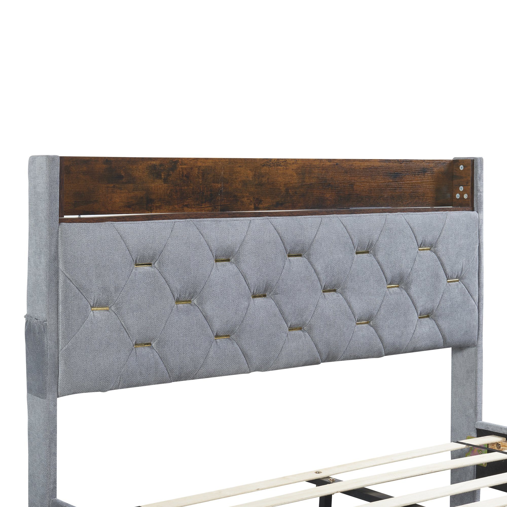 OKWISH Polsterbett Doppelbett Stauraumbett Funktionsbett Gästebett (Flachbett-Doppel-Gästebett in hautfreundlichem Kardamom-Samt 140 x 200 cm, Stauraum am Kopfteil mit USB-Anschluss), ohne Matratze