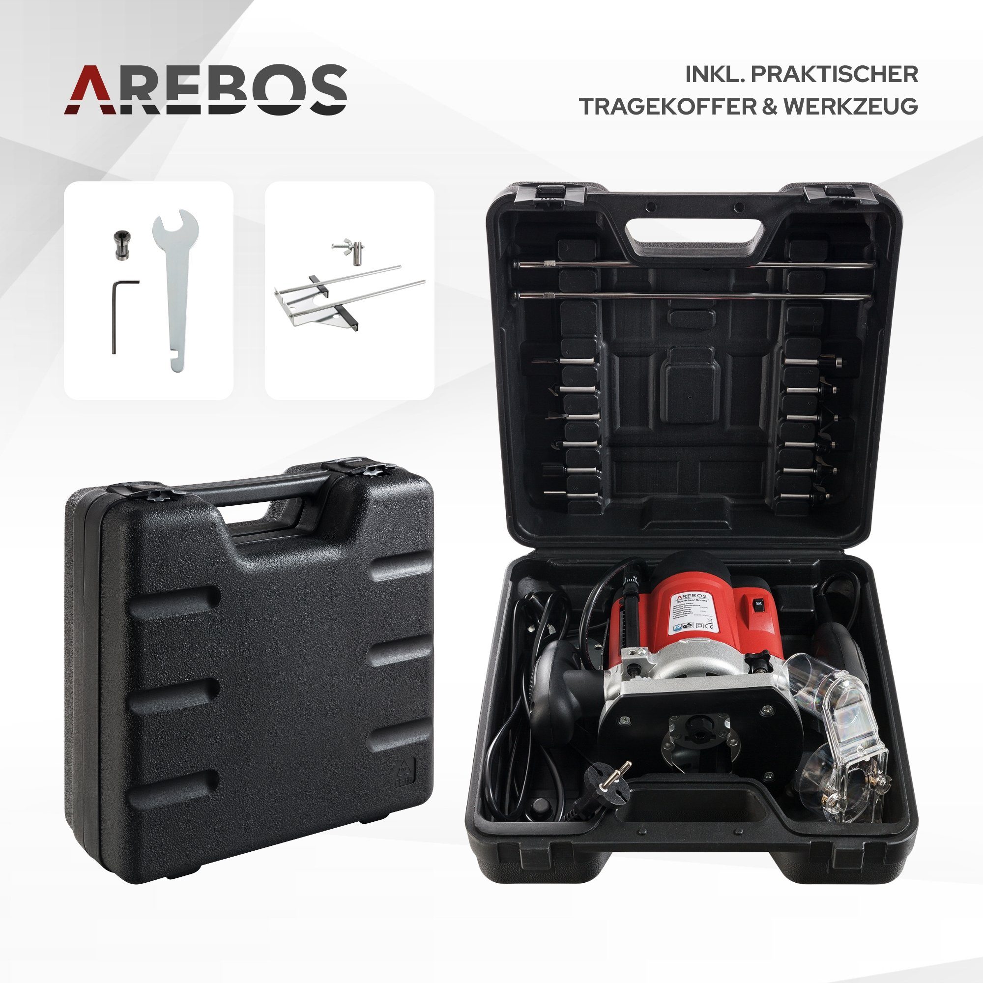 Arebos Oberfräse mit Koffer, 1200 W, inkl. Zubehör + Fräser Set 12-teilig, (Set, Oberfräse)