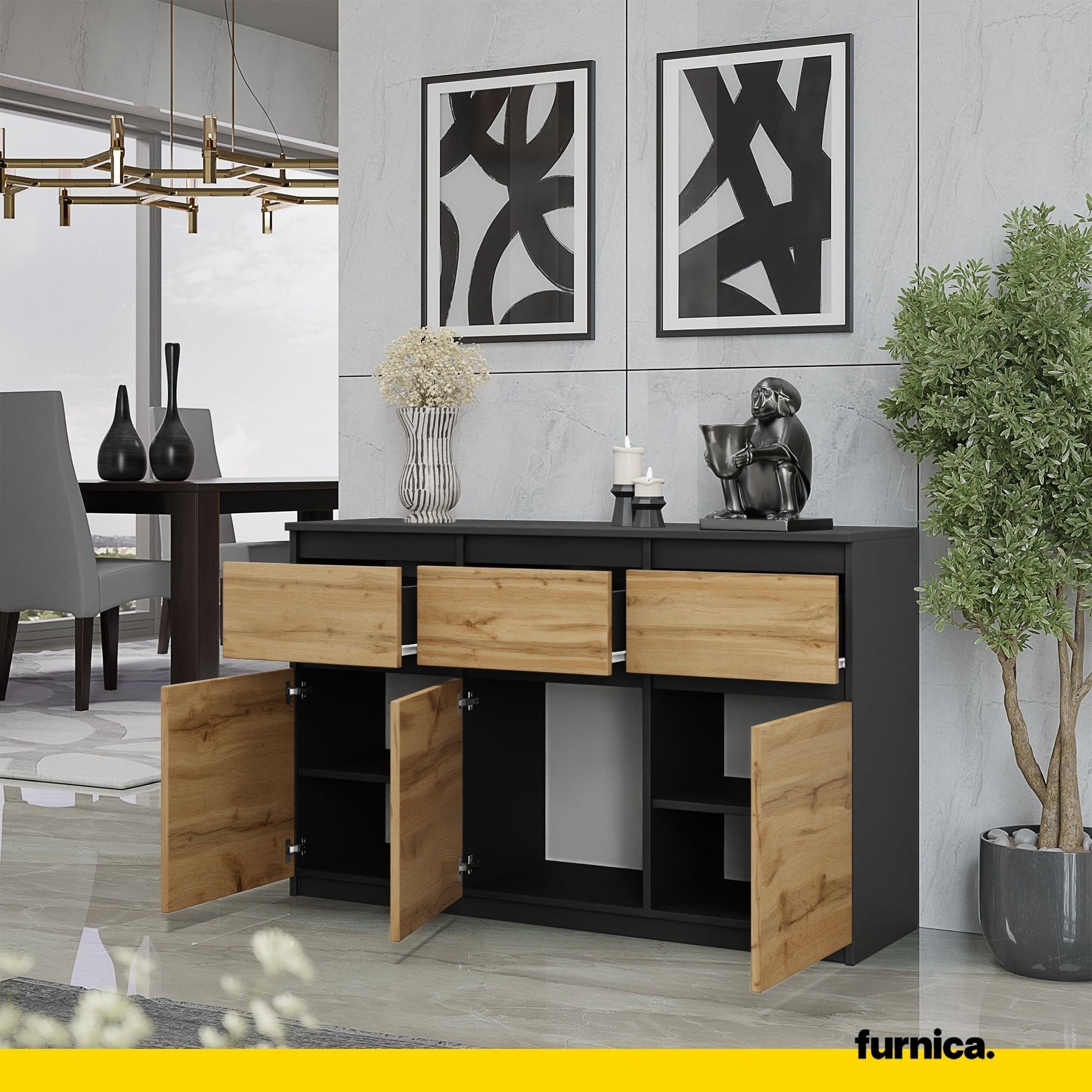 Furnica Kommode NOAH, 3 Schubladen und 3 Türen - Anthrazit Grau H75cm B120cm T35cm (1 St)