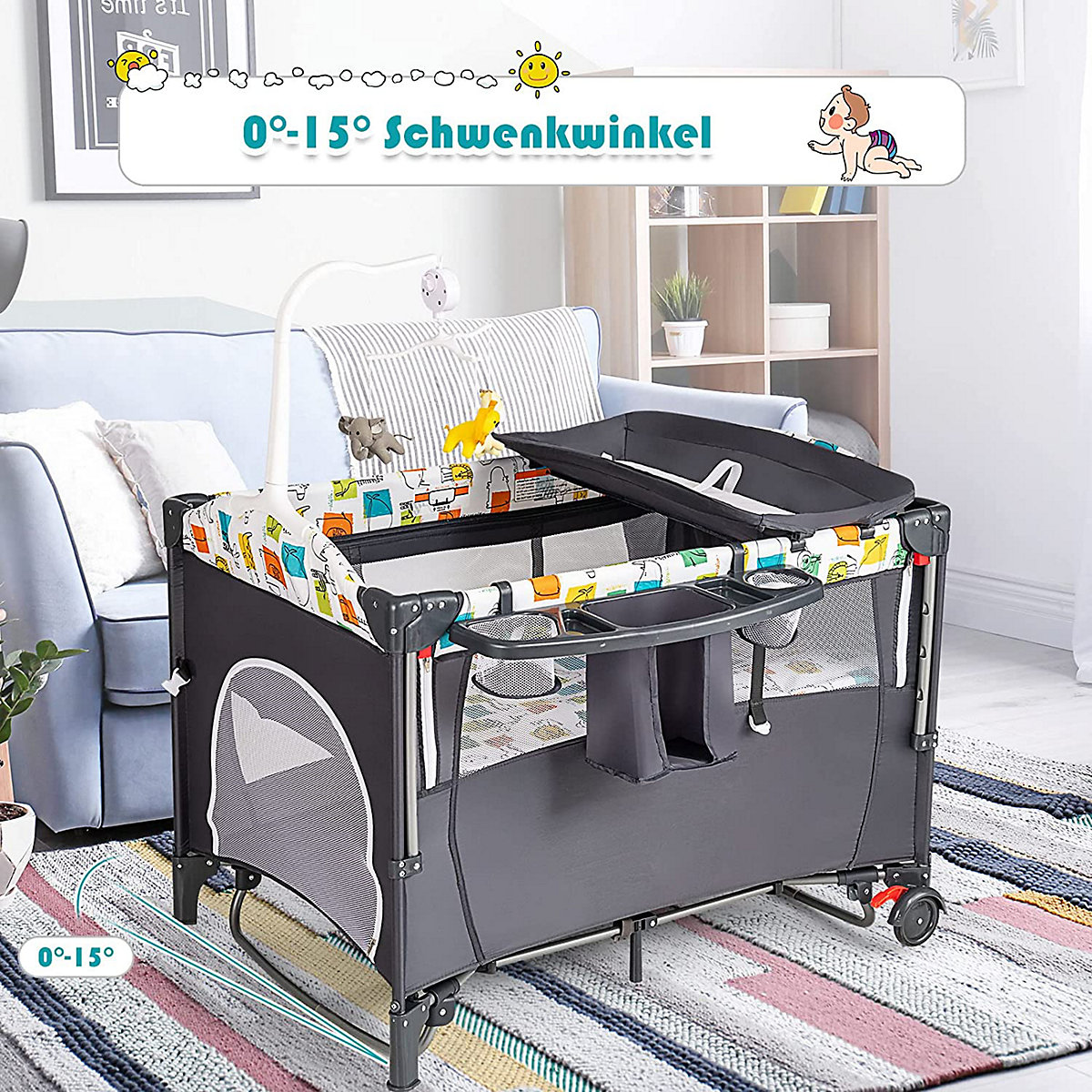 Reisebett 5 in 1 mit Wickeltisch & Spielzeug & Musikbox