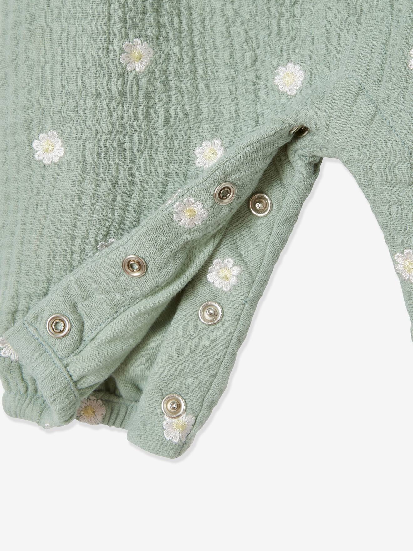Combinaison bébé naissance brodée en gaze de coton tilleul