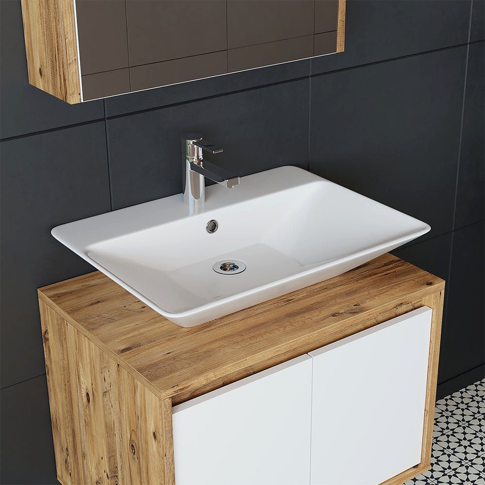 Roomart Badmöbel-Set, (Badmöbel Set 65cm Unterschrank Waschbecken Spiegelscrank Hochschrank)