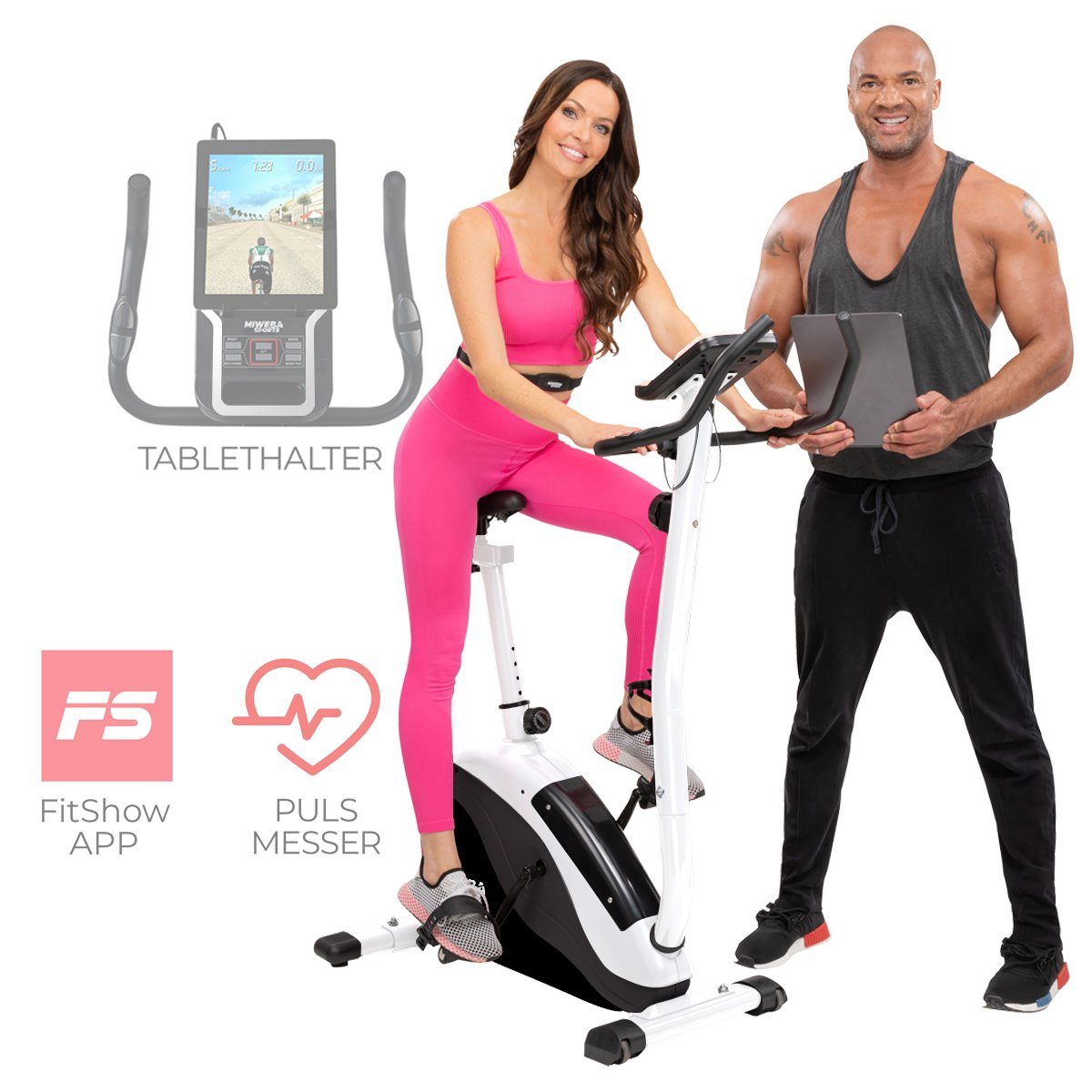 Miweba Sports Heimtrainer Profi Indoor Cycle ME400 inkl. Pulsgurt - 12 kg Schwungmasse (8 Intensitätsstufen, 150 Kg max. Belastbarkeit, Cardio, Trimmrad, Fitnessbike, Indoor Cycling, Fahrradtrainer, Trainingsgerät, 2-tlg., Fitshow App, Tablet- und Sm