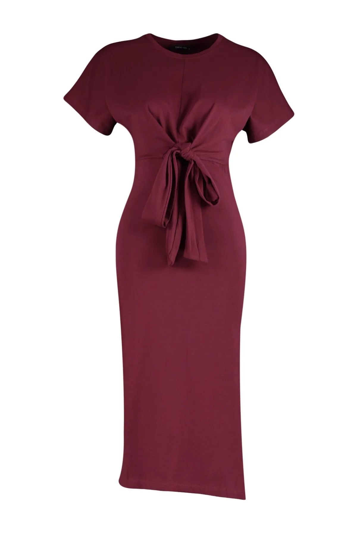 Trendyol Collection  Burgunderrotes, tailliertes Midi-Bleistiftkleid aus 100 % Baumwolle mit Schlitz und Bindedetail TWOSS21EL0404