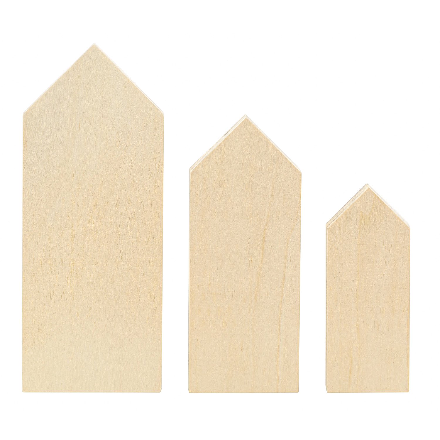 Häuser aus Holz, 25 x 10 cm, 20 x 8 cm und 15 x 6 cm, 3 Stück
