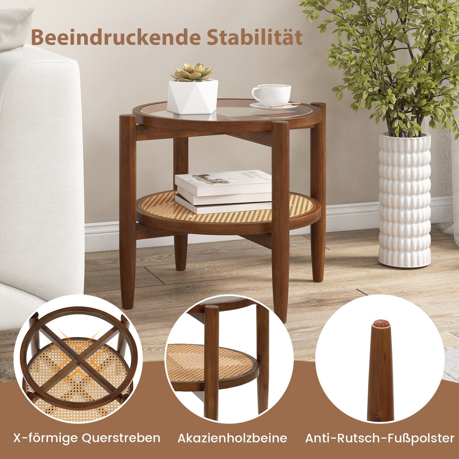 COSTWAY Beistelltisch, gehärtete Glasplatte, mit Rattan Ablage, rund 56x56cm