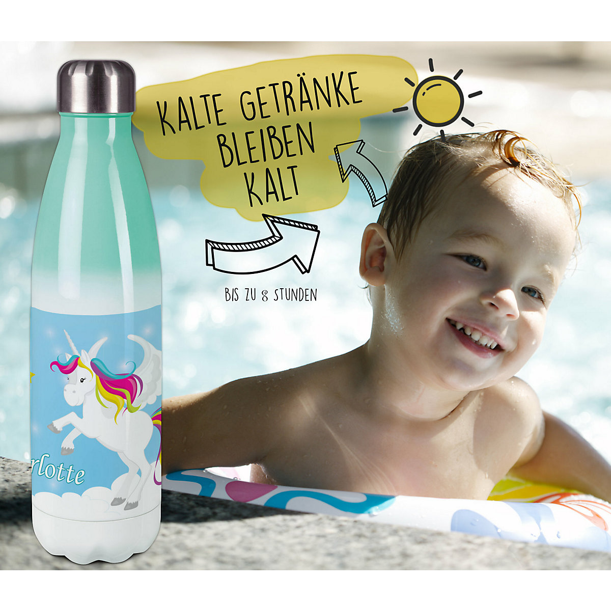 Edelstahl Kinder Thermoflasche / Trinkflasche bunt Pegasus Farbe blau Spülmaschinenfest, Auslaufsicher, Bruchfest, Doppelwandig, Für Heißgetränke geeignet, Mit Deckel, Isoliert
