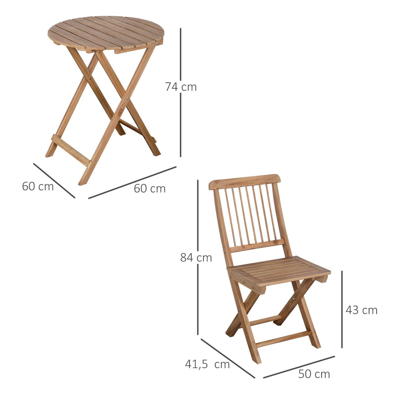 Outsunny Bistroset 3-tlg. Klappbar Holz Gartenset Balkonset Bistrotisch mit 2 Stühlen Gartenmöbel Natur