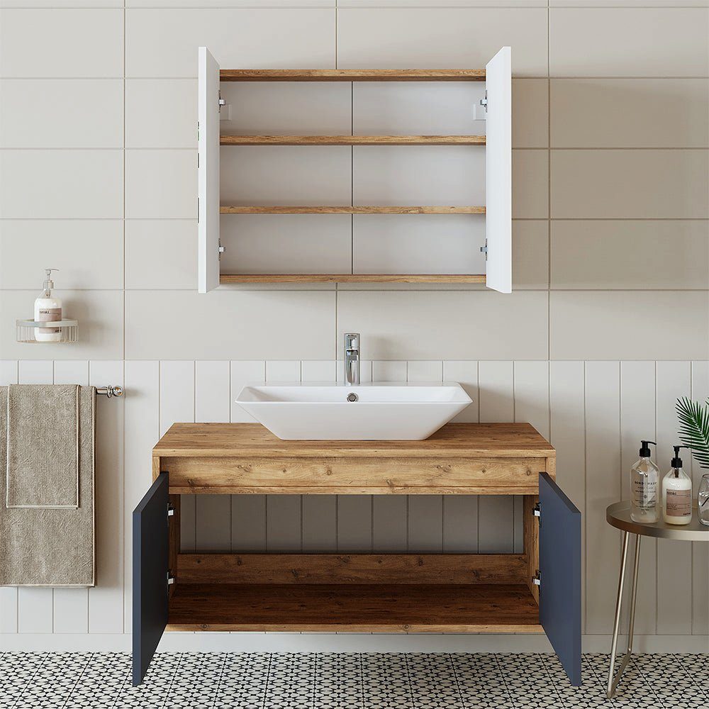 Roomart Badmöbel-Set, (Badmöbel Set 3-teilig 100cm Unterschrank mit Waschbecken Spiegelscrank)