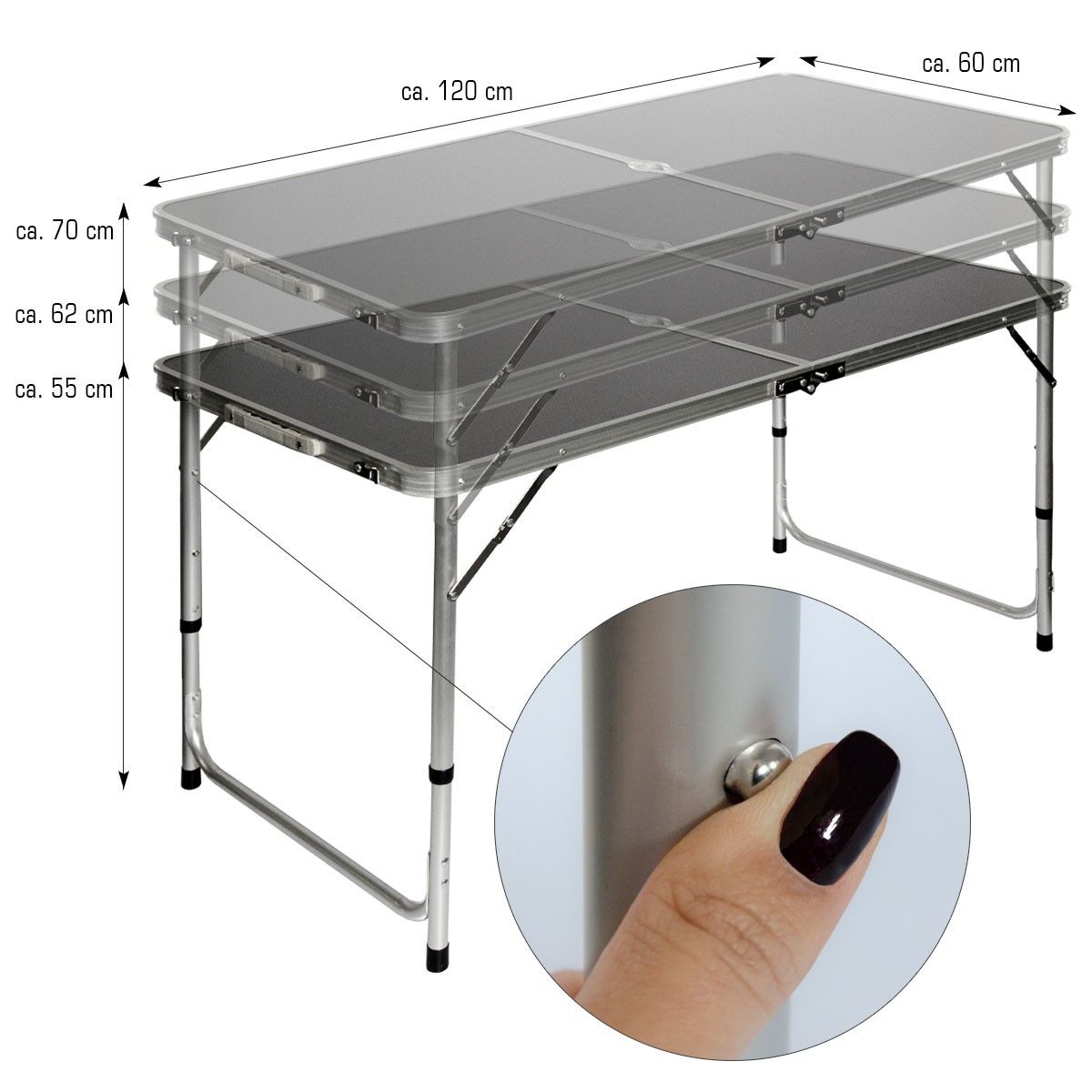 AMANKA 120x60 Anthrazit Campingtisch mit 4 Hockern