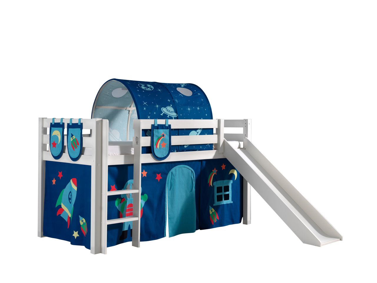 VIPACK Spielbett Pino inkl. Rutsche mit Textilset Vorhang, Tunnel und 3 Taschen 