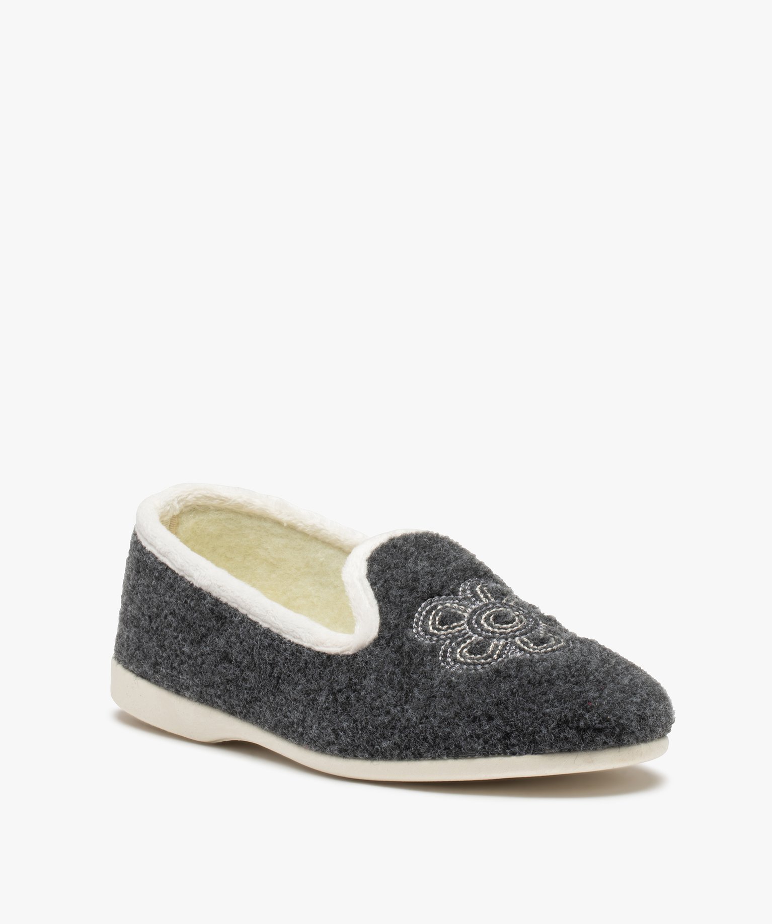 Chaussons femme avec dessus en feutrine brodée gris | GEMO