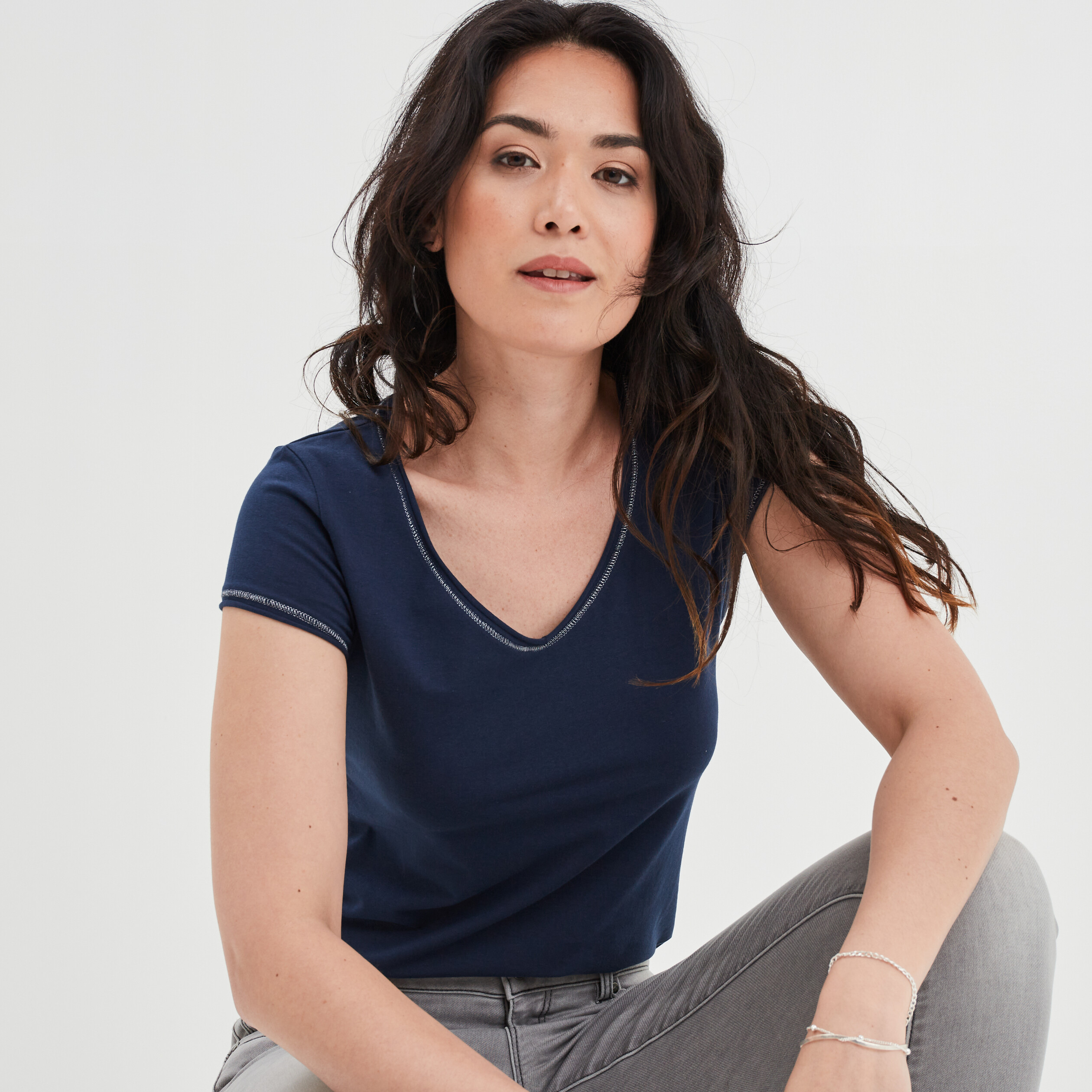 T-shirt manches courtes ajusté bleu marine femme | La Halle