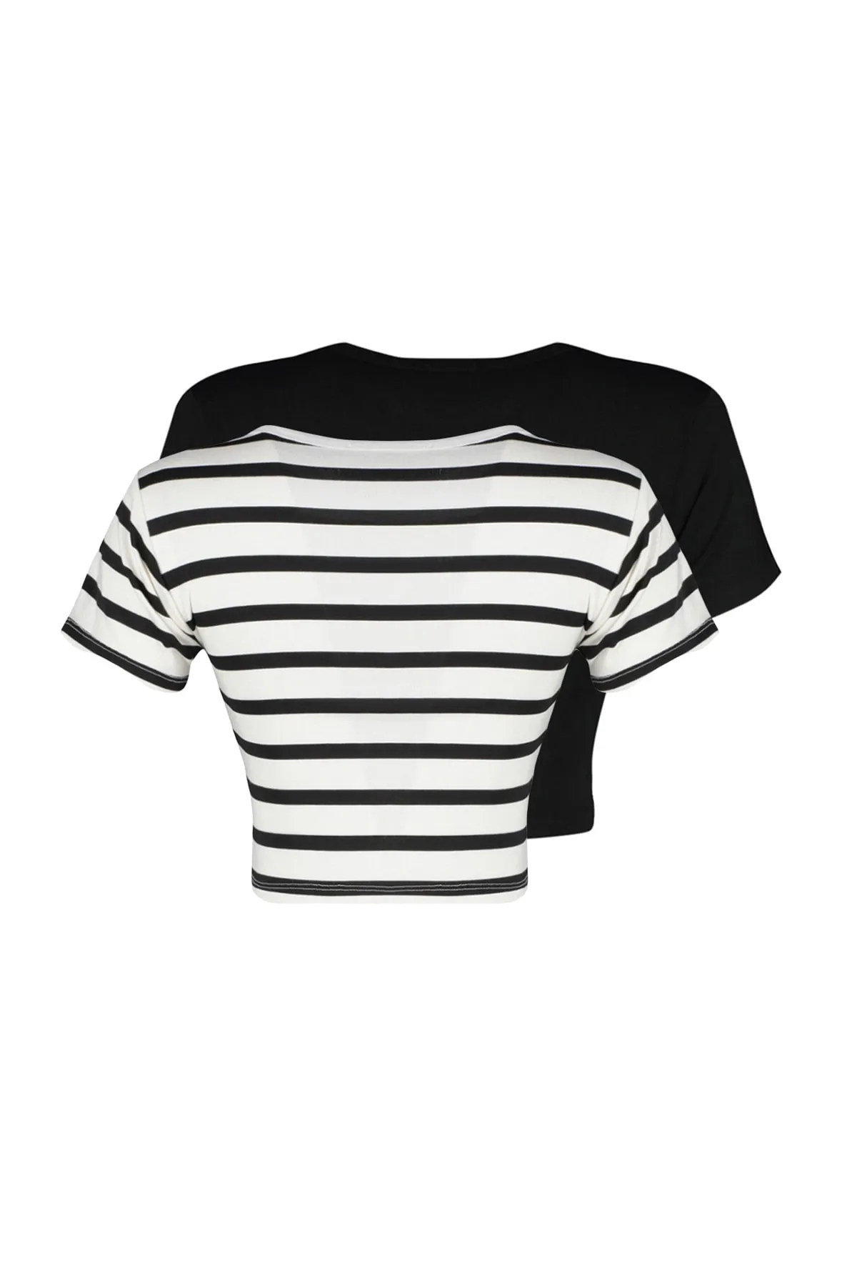 Trendyol Collection  Premium Schwarz-Ecru Schwarz gestreifte 2er-Pack Viskose/weicher Stoff Kurze dehnbare Strickbluse TWOSS23BZ00194