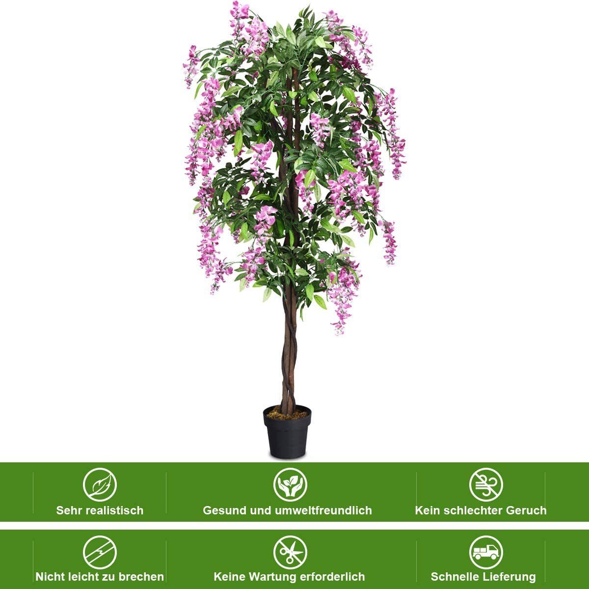 Kunstbaum, COSTWAY, Höhe 180 cm, mit Blüten und Töpf, Blättern & 2 Stämmen