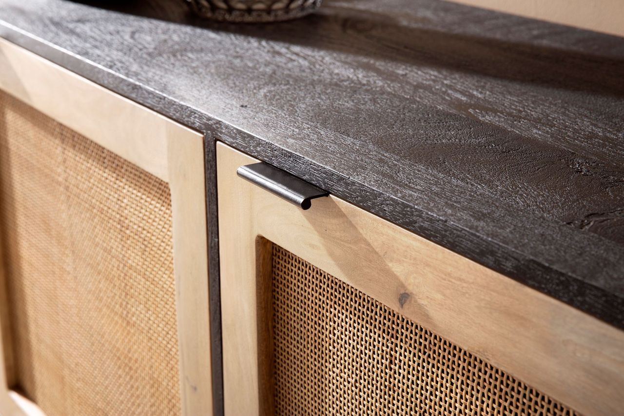 Wohnling Sideboard 175x75x45 cm Massivholz Rattan Anrichte Kommodenschrank