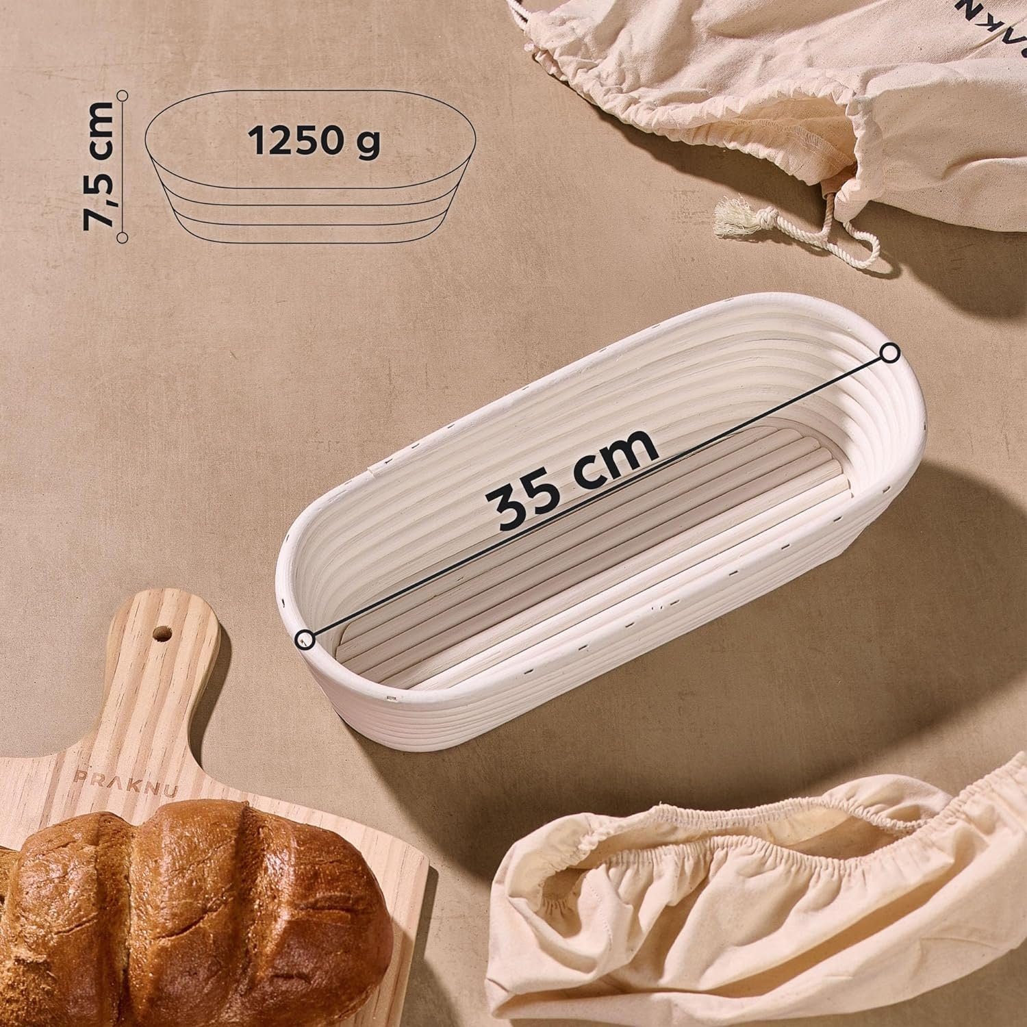 Praknu Gärkorb Für Brot Oval länglich 35 cm - Gärkörbchen für Brotteig zum Brotbacken, Aus nachhaltigem Rattan - Geruchsneutral - Mit Backutensilien