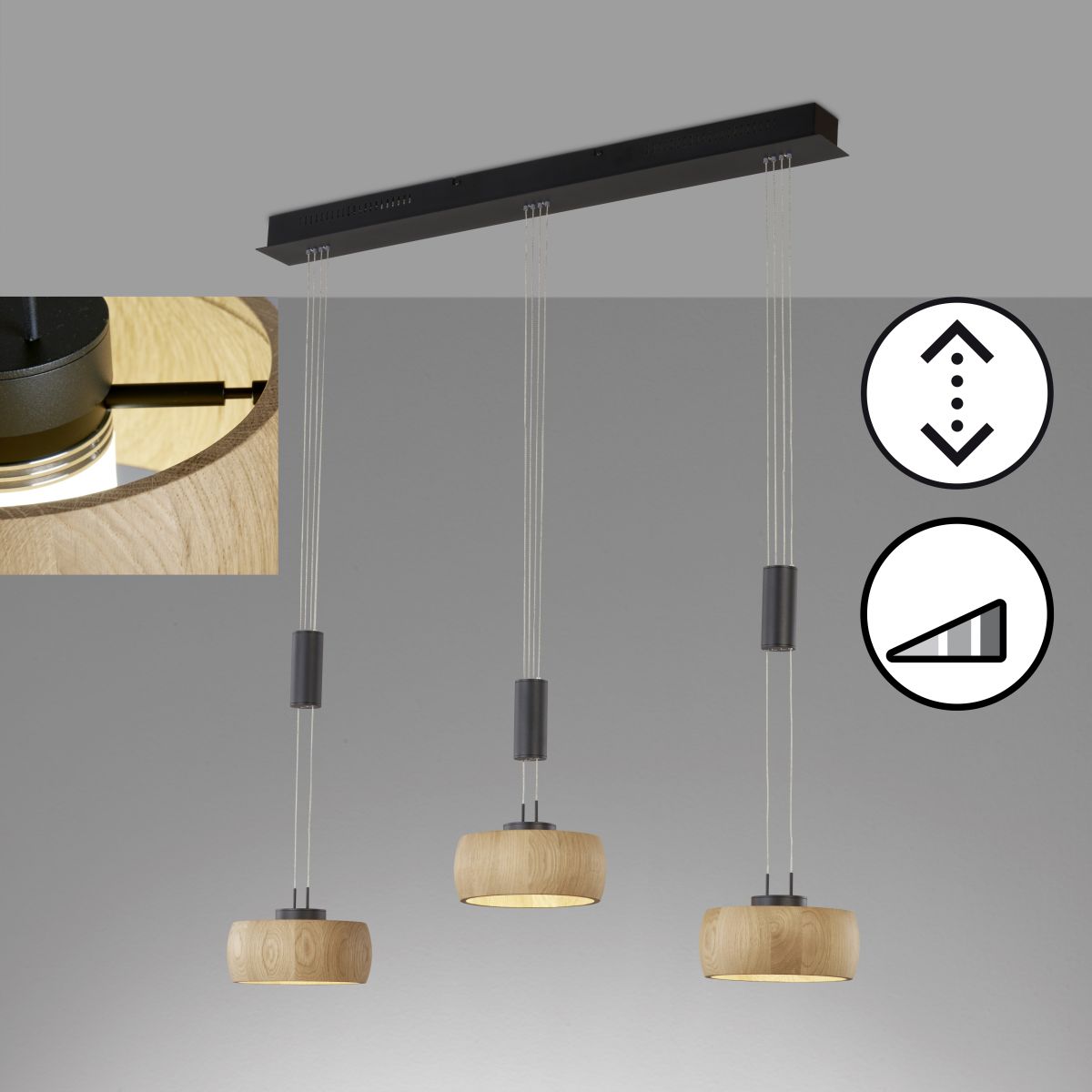 3-flg LED Pendellampe Shine-Wood