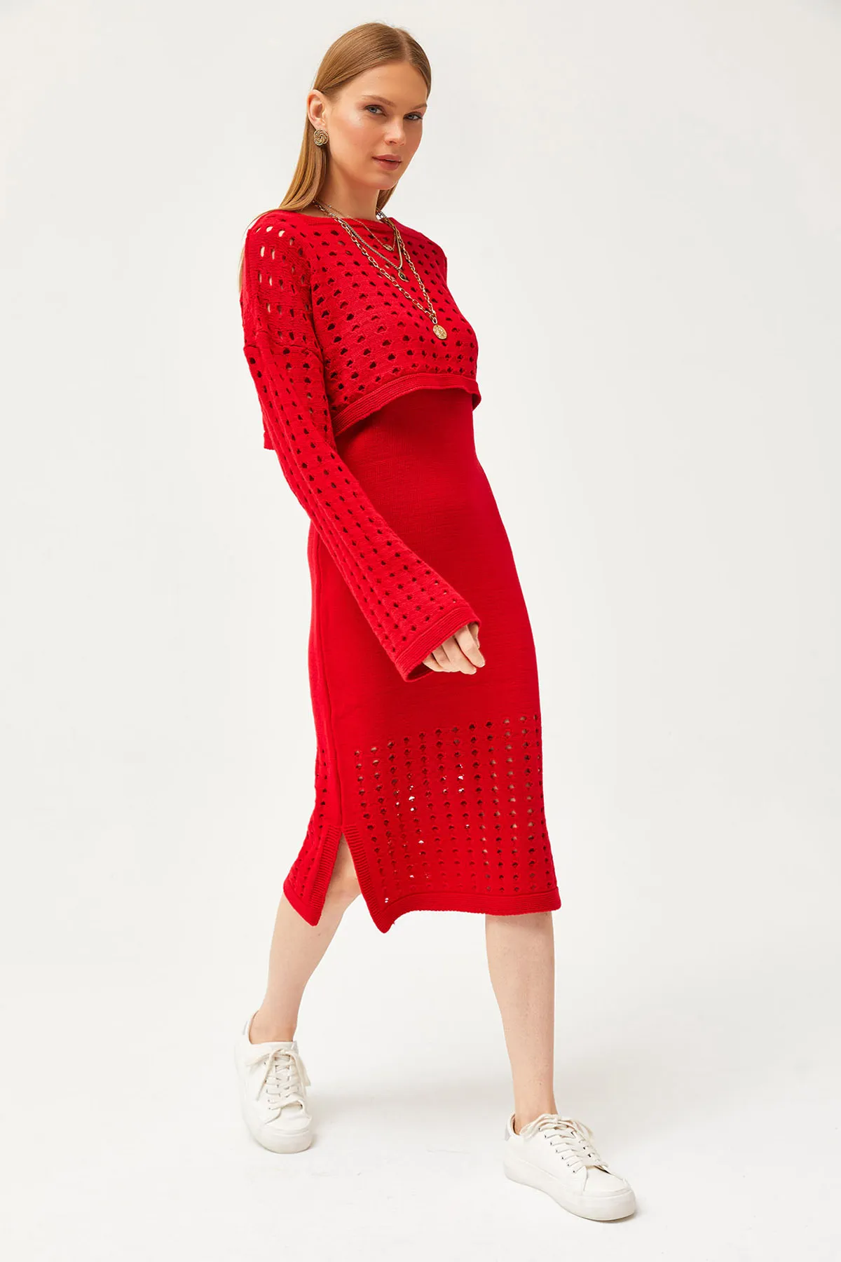 Olalook  Damen-Strickwaren-Set mit rotem Oberteil und durchbrochenem Pullover und unterem durchbrochenem Kleid TKM-19000246