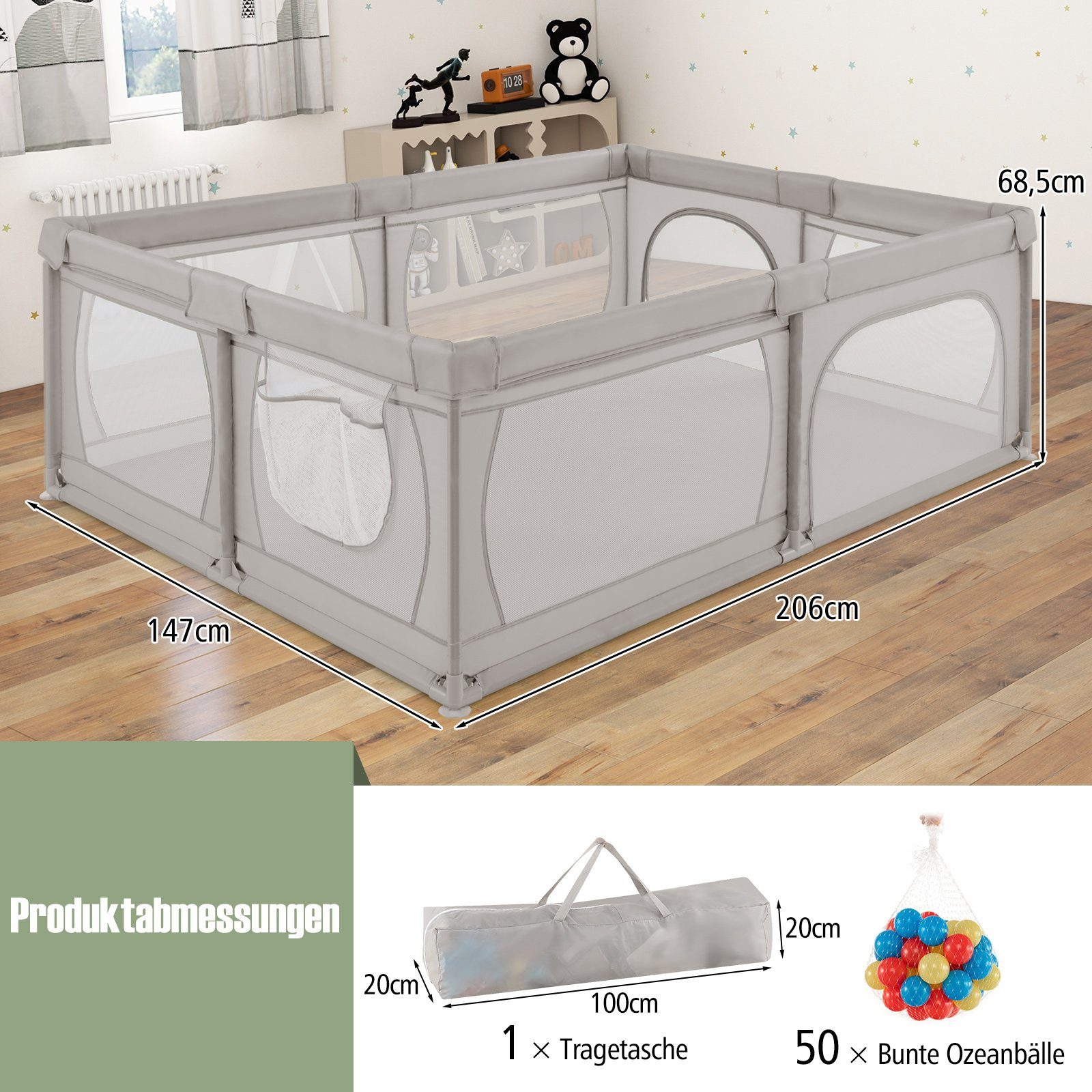 COSTWAY Laufstall Baby Laufgitter (2-tlg), mit 50 Bällen & Seitentasche
