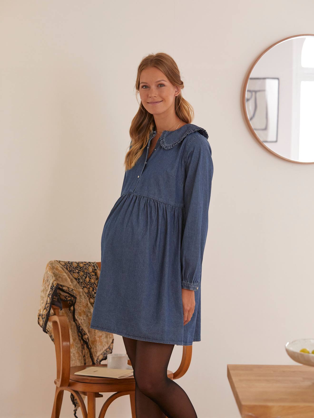 Robe col claudine volanté grossesse et allaitement jean denim bleu canard