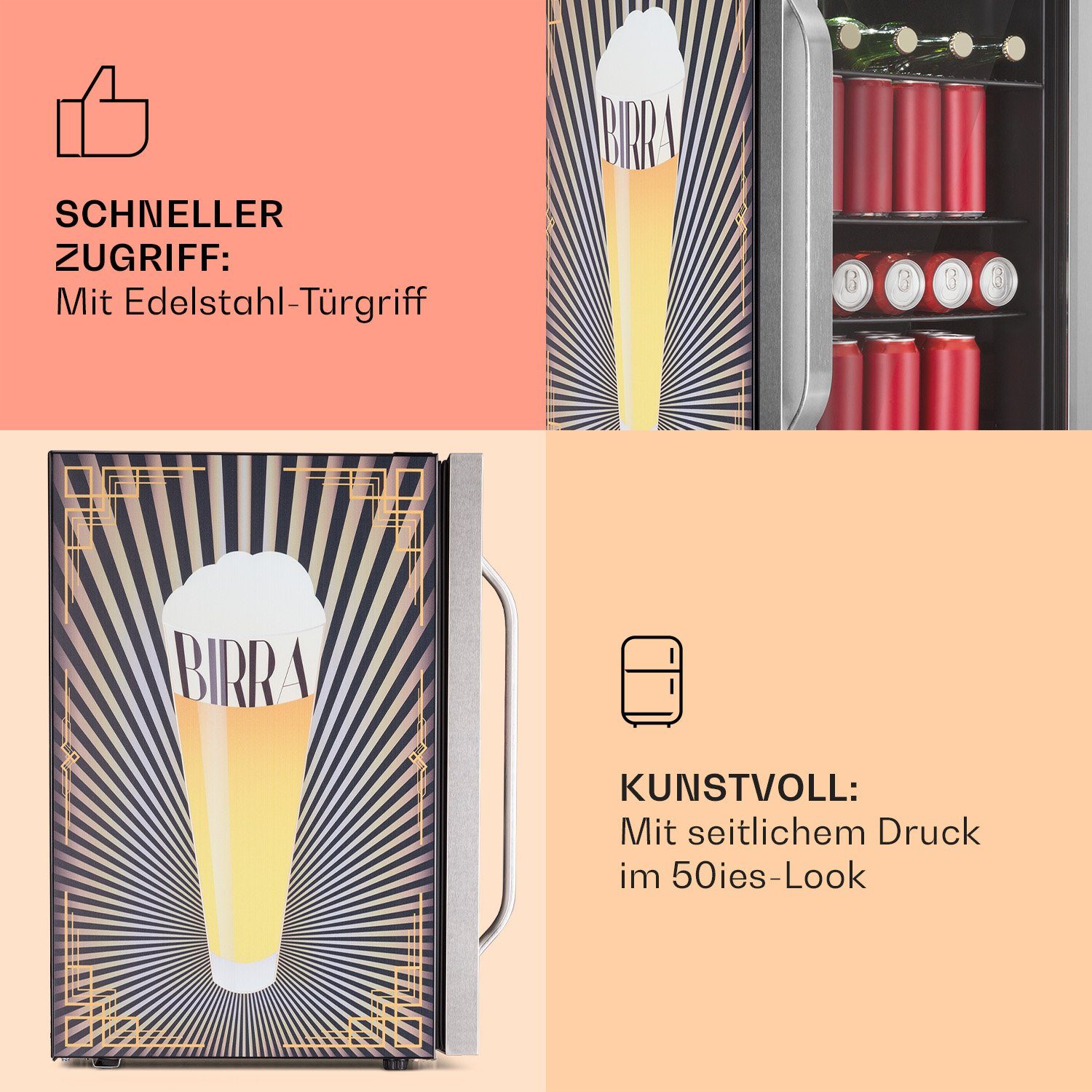 Klarstein Getränkekühlschrank HEA13-Birra -SS 10041177, 67 cm hoch, 43 cm breit, Bierkühlschrank Getränkekühlschrank Flaschenkühlschrank mit Glastür
