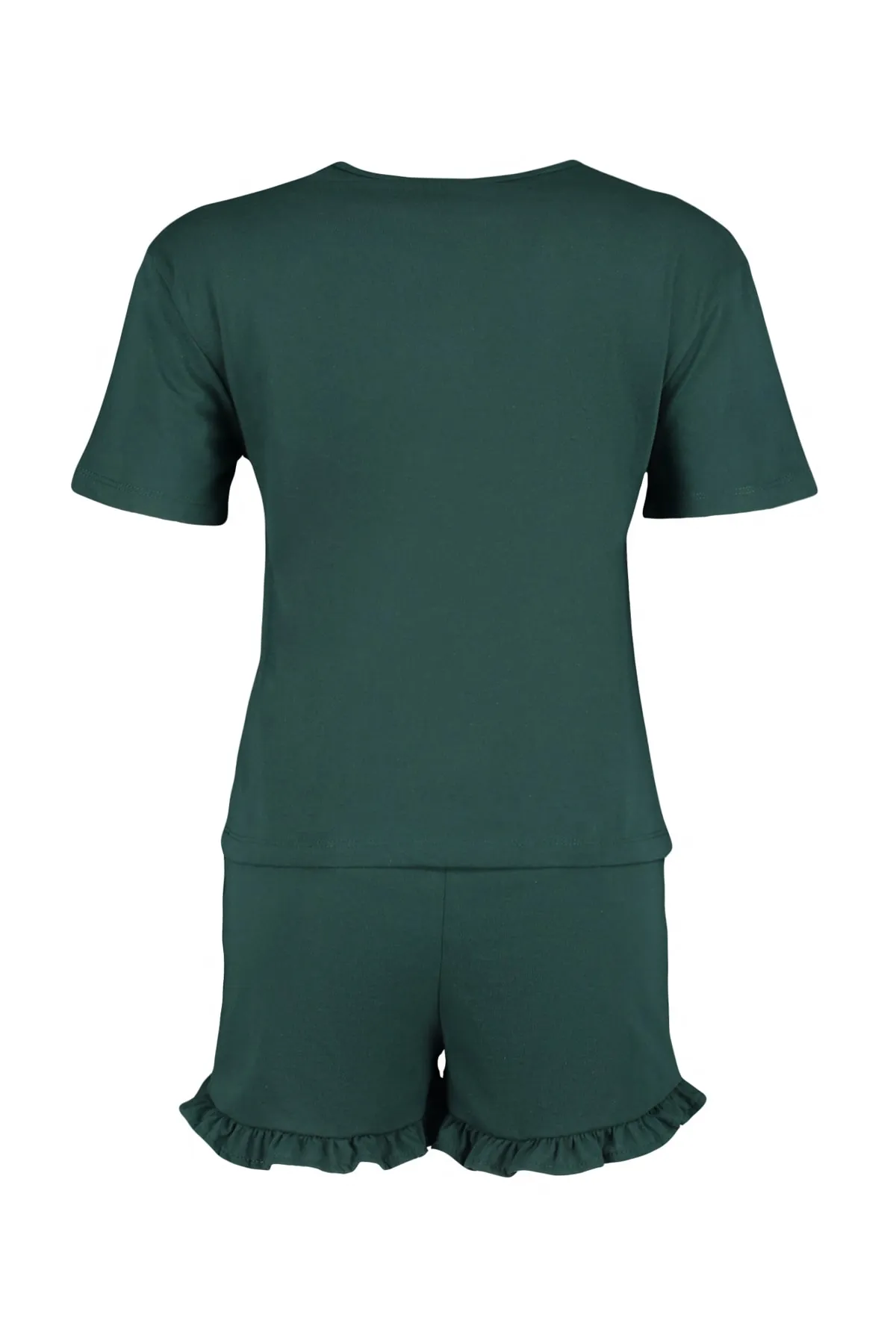Trendyol Collection  Dunkelgrünes gestricktes Pyjama-Set aus 100 % Baumwolle mit bestickten Rüschen und T-Shirt-Shorts THMSS20PT0165