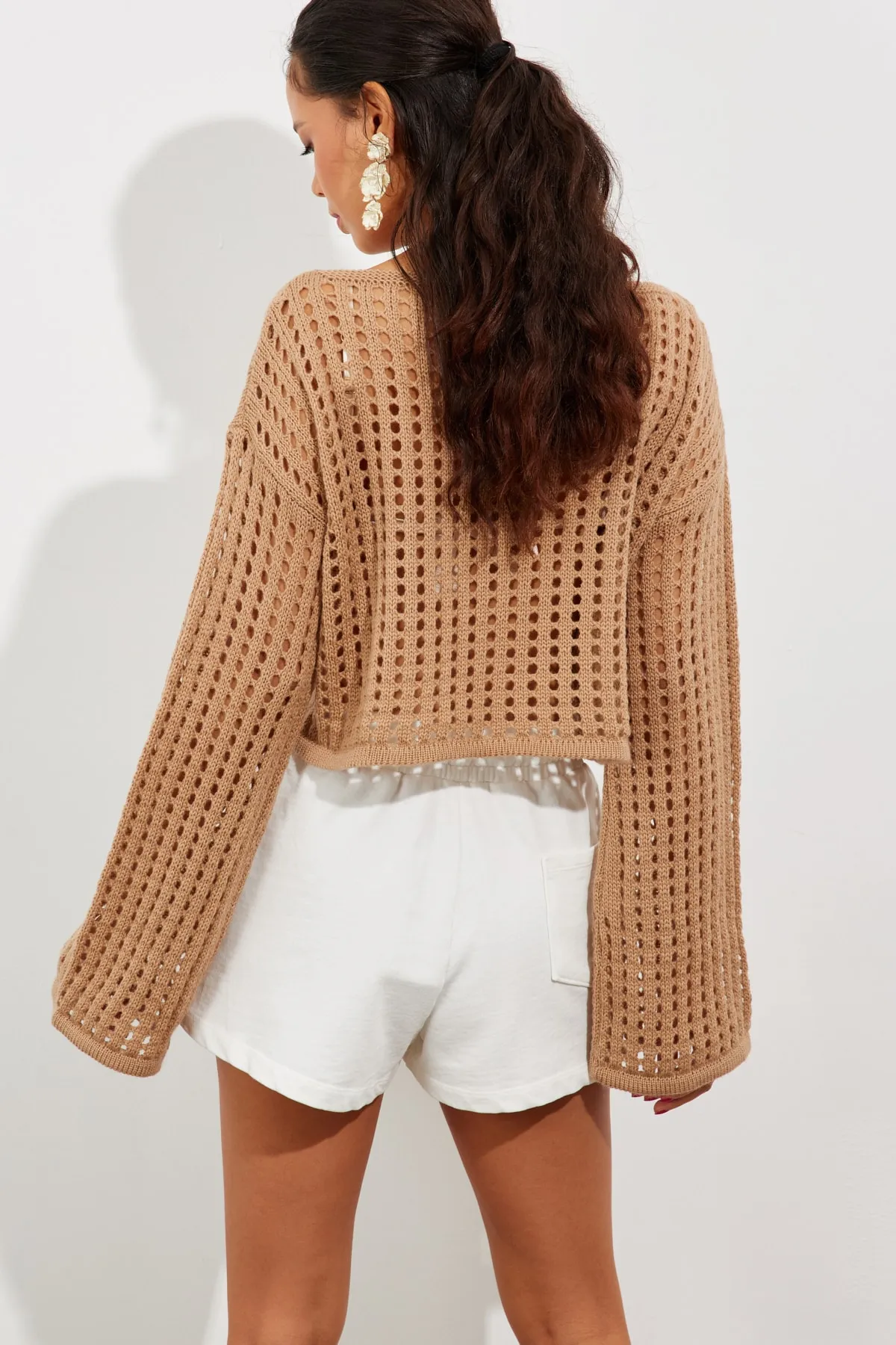 Cool & Sexy  Damen-Kurzbluse aus durchbrochenem Strick mit spanischen Ärmeln in Kamelblau, SMT181