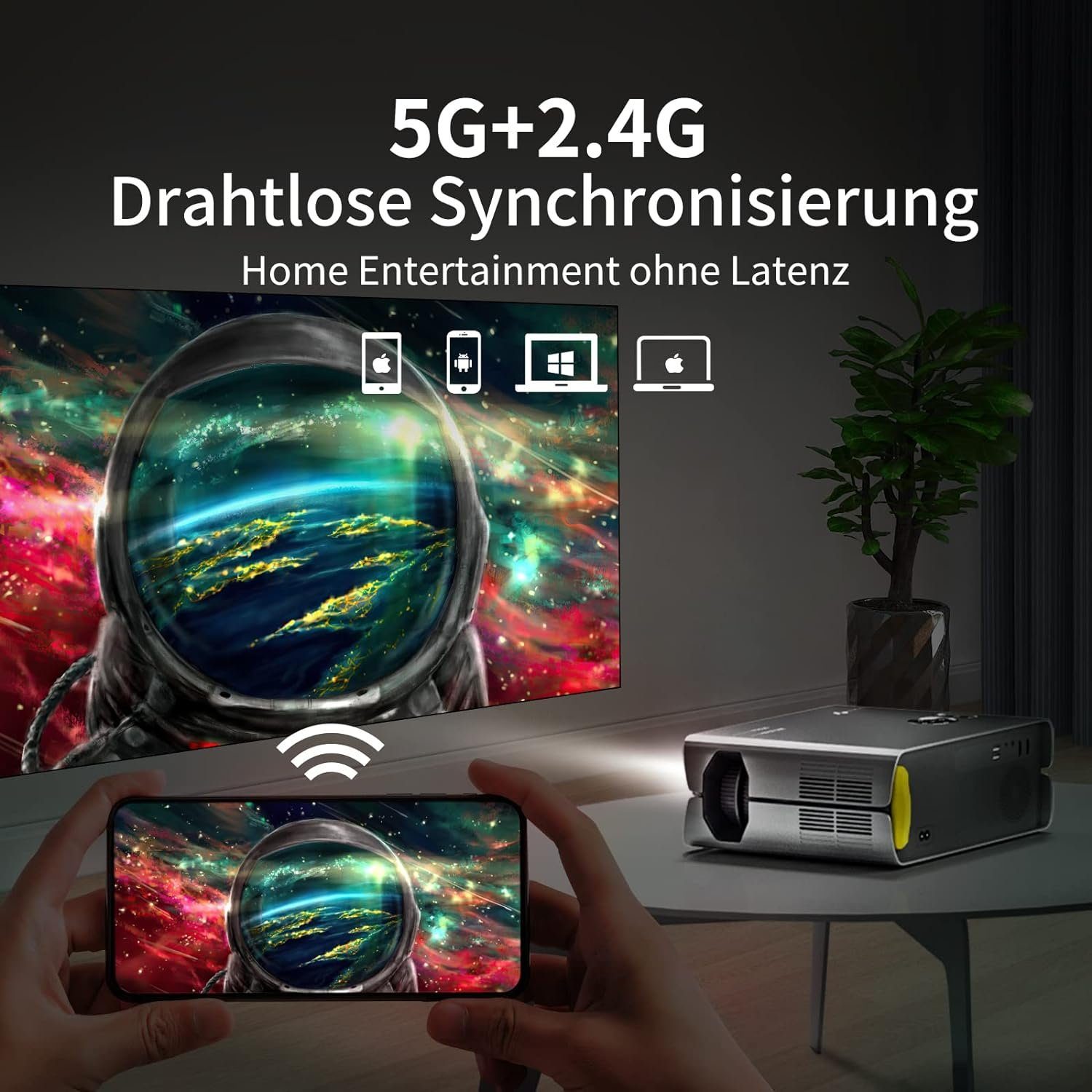 Asakuki Native1080P 5G WLAN Bluetooth, Deckenmontage Portabler Projektor (12000 lm, 12000:1, 1920 x 1080 px, Maximale 200