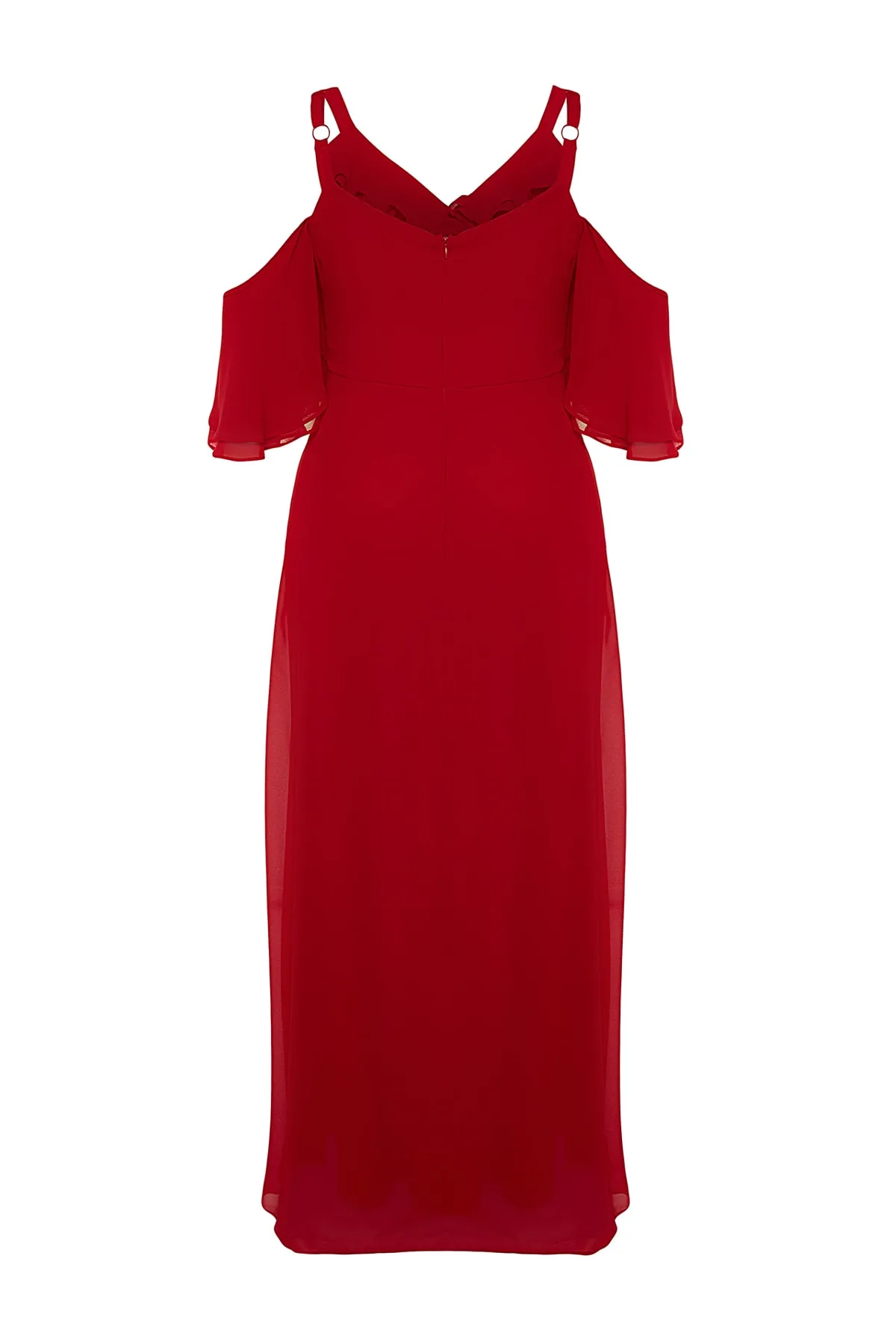 Trendyol Curve  Rotes gewebtes Chiffon-Abendkleid mit zweireihigem Kragen TBBSS22AH0178