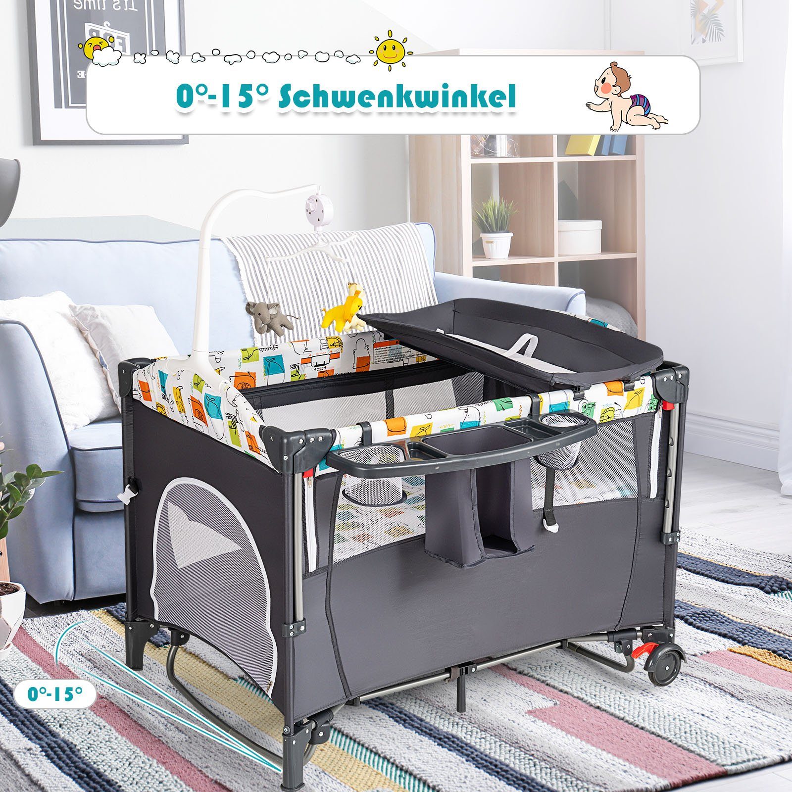COSTWAY Baby-Reisebett 5 in1 Beistellbett, mit Matratze, höhenverstellbar