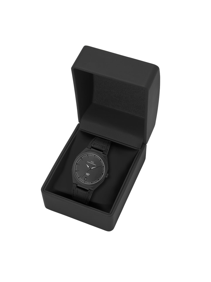 Rhodenwald & Söhne Herren Quarzuhr schwarz Echtleder/Silikon schwarz in schwarz günstig kaufen 21,5 cm