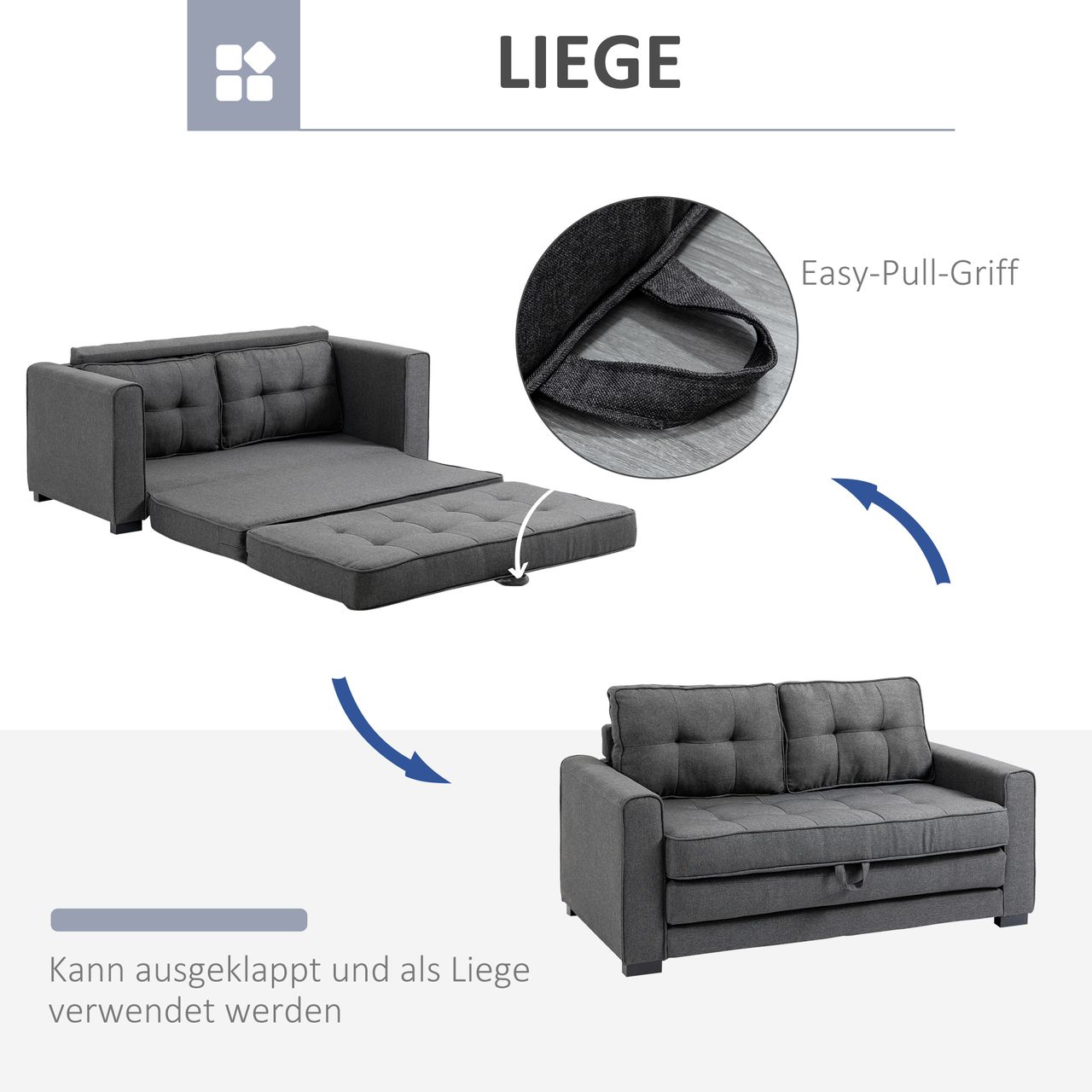 HOMCOM Schlafsofa Klappsofa 2-Sitzer Stoffsofa Leinen-Touch Gummiholz Grau