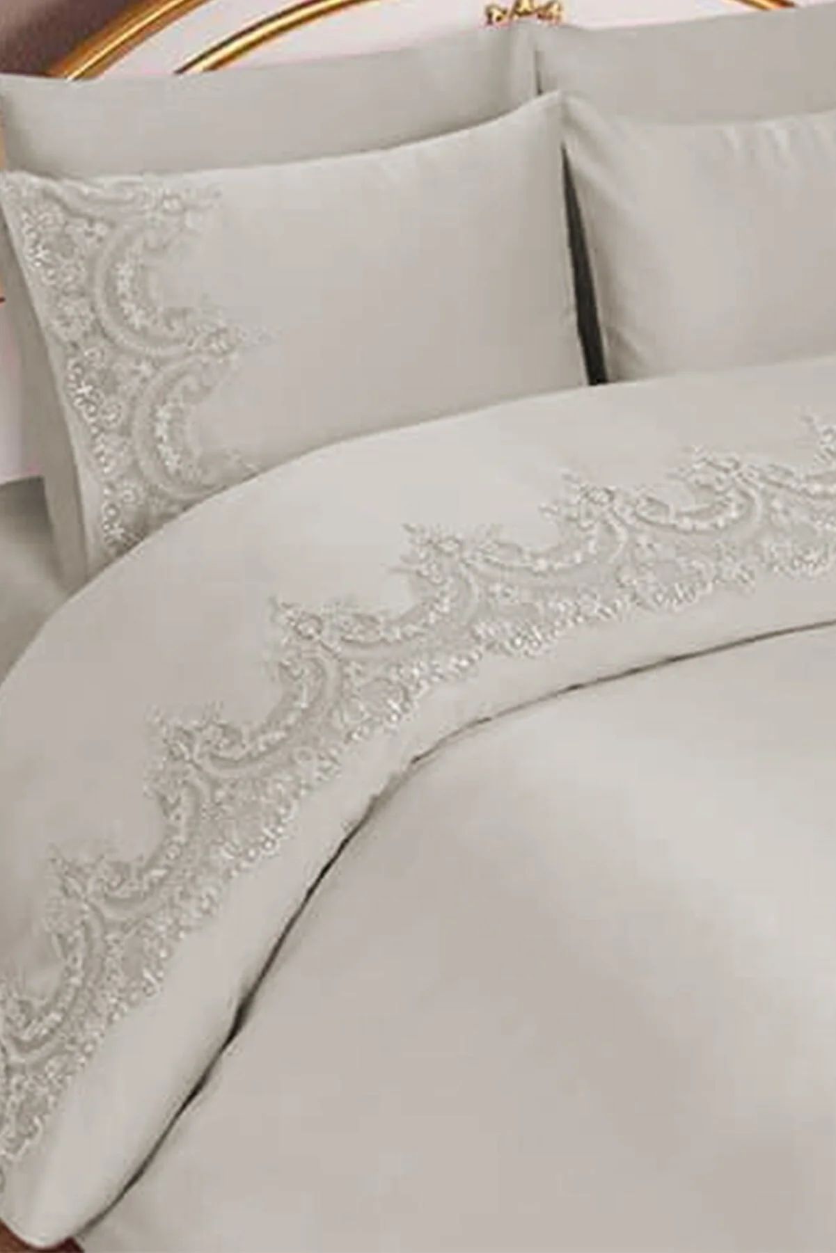 Çeyiz Diyarı  Französisches Guipure-Sultans-Bettbezug-Set, Creme
