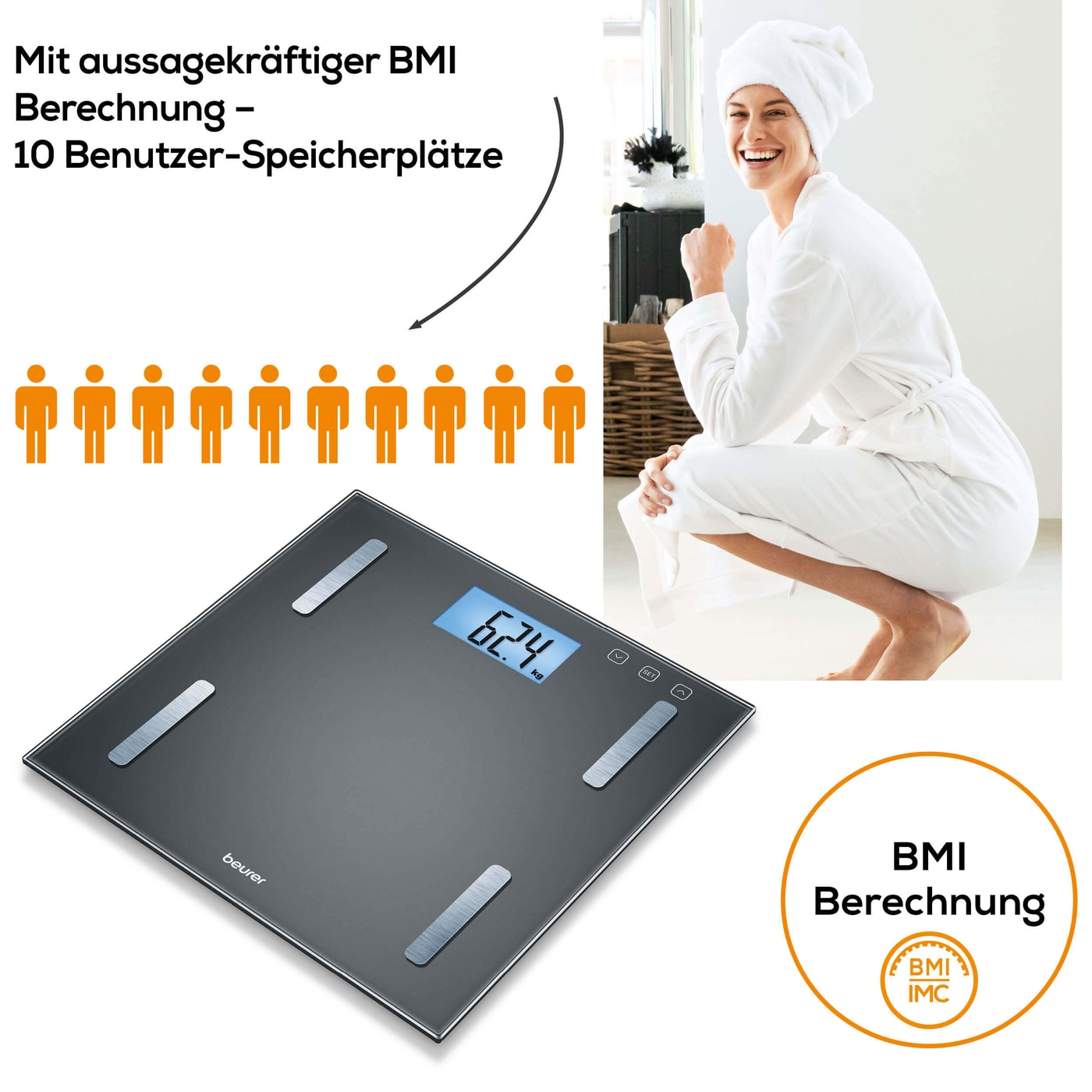 Beurer Diagnosewaage BF 180-Körperwaage mit BMI Ganzkörperanalyse & XL-Display - bis 180 kg