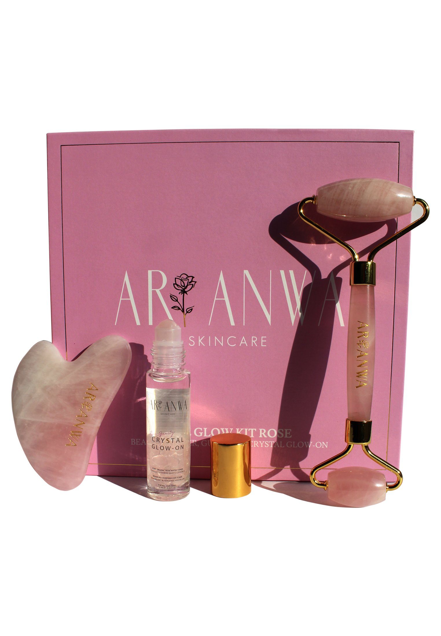 ARI ANWA Skincare Gesichtspflege-Set The Glow Kit Rose, Rosenquarz Roller + Gua Sha + Roll On Rosenwasser