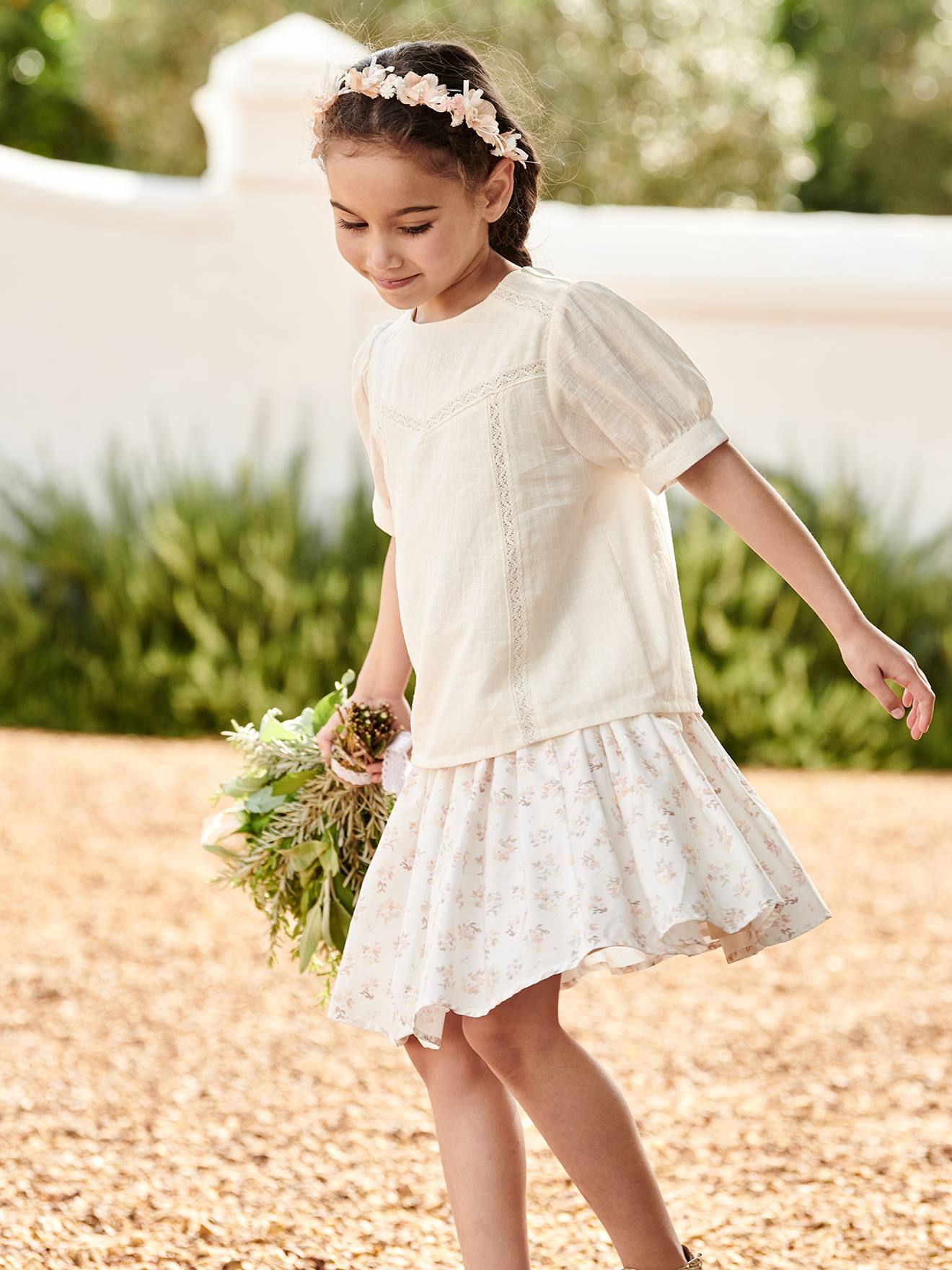 Blouse à dentelle effet lin fille écru