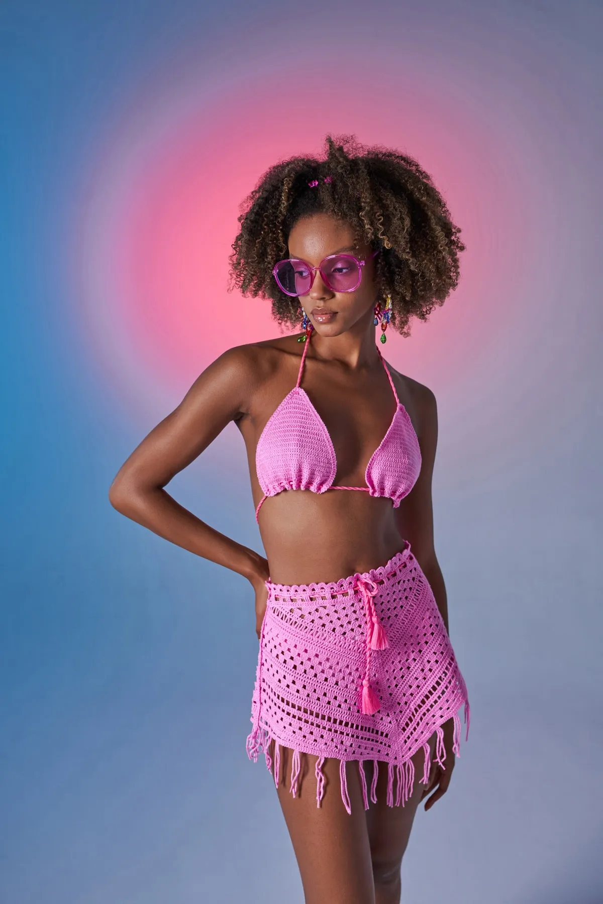 HOLLY LOLLY  Gemustertes Chacha-Strickset zum Binden für den Sommer, Oberteil und Unterteil, Rosa
