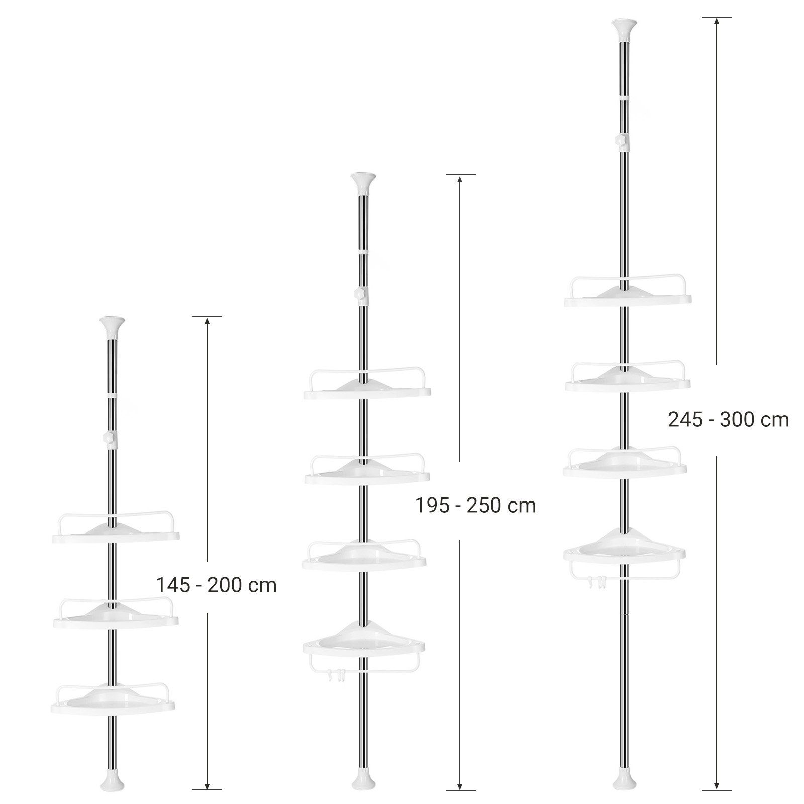 SONGMICS Badregal Duschregal, 95-300 cm, 4 Ablagen, 3 Haken, Eckregal
