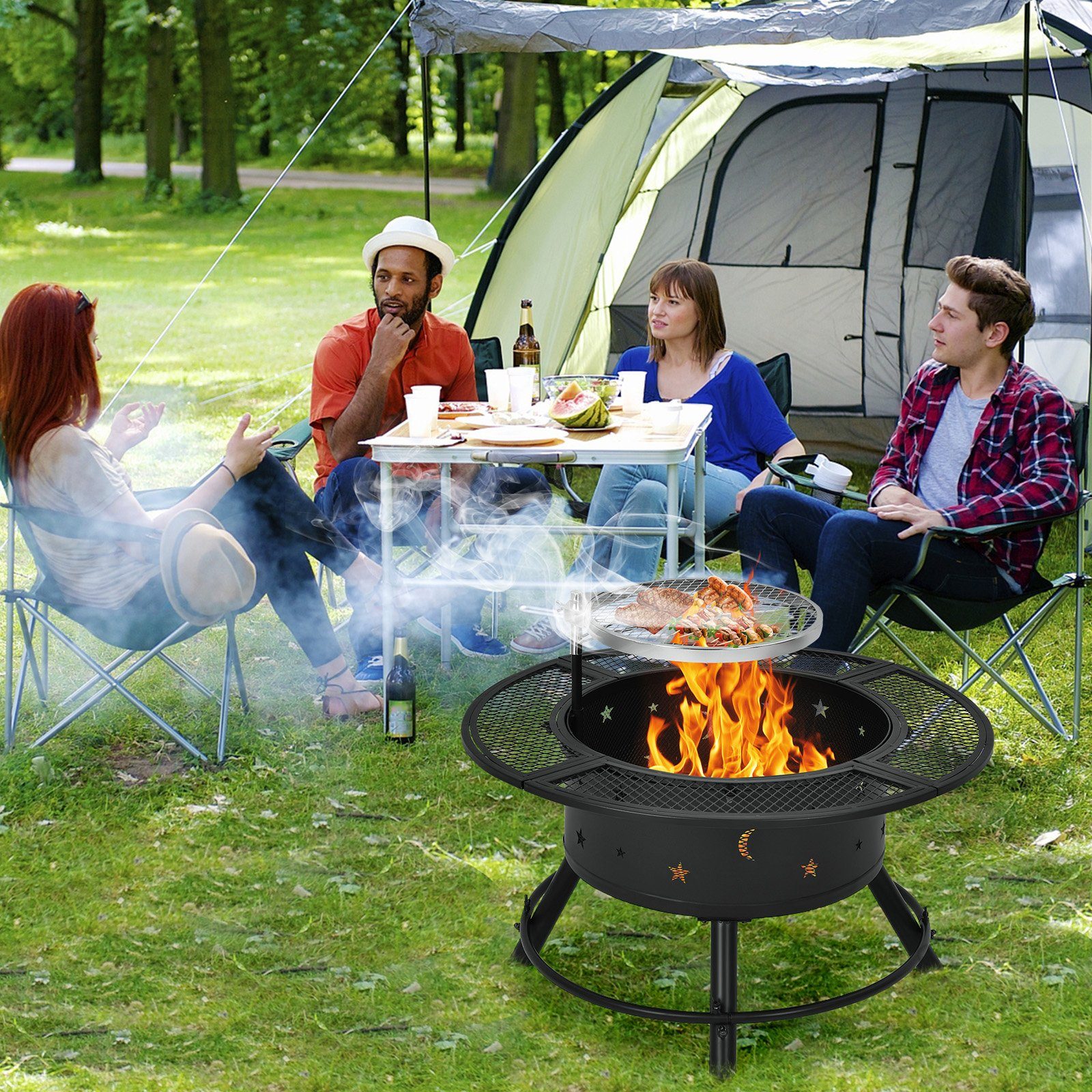 COSTWAY Feuerschale, Ø49cm, mit 360°Grillrost, höheverstellbar, mit Schürhaken
