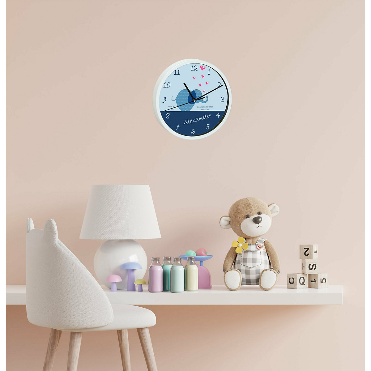 Kinder Wanduhr personalisiert mit Name Elefant blau