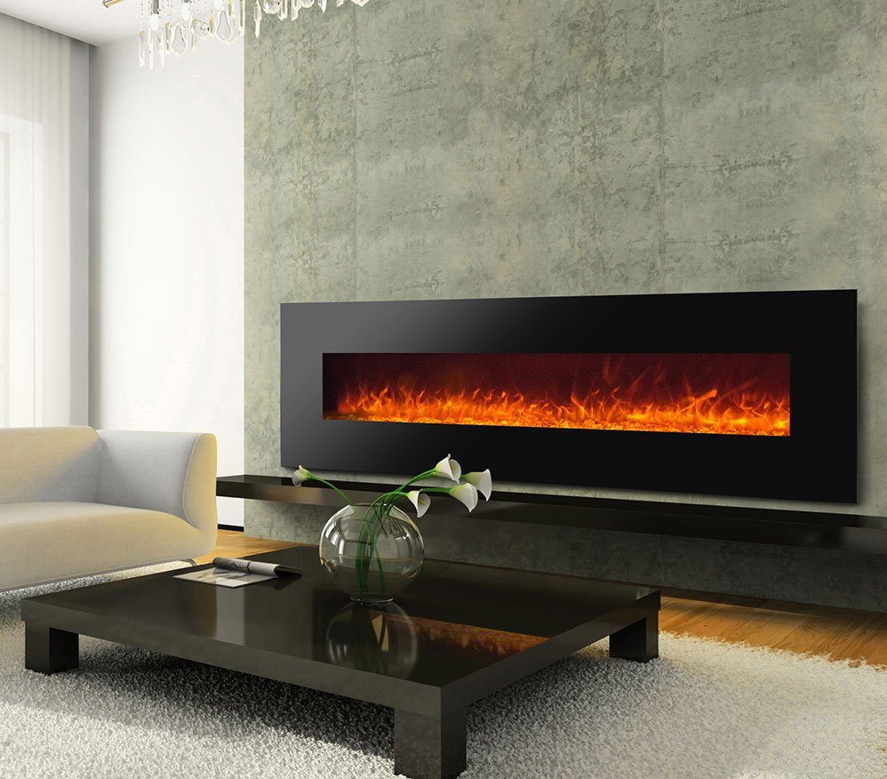 GLOW FIRE Elektrokamin Saturn schwarz Wandkamin elektrisch mit Heizung, Elektrischer Kamin mit Fernbedienung, Timer, 3 Dekorationen, LED Feuer
