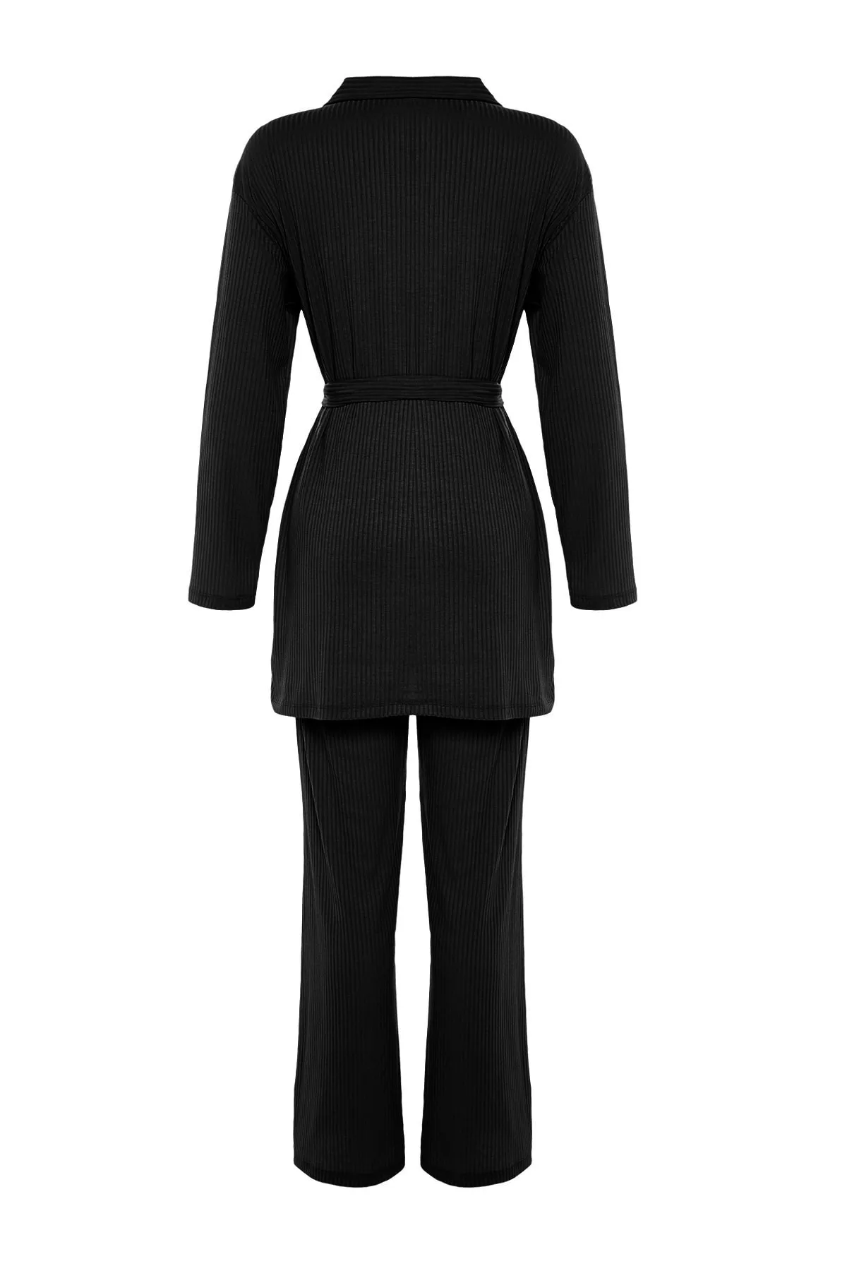 Trendyol Modest  Schwarzes Strick-Tunika-Hosen-Set mit Bindedetail vorne TCTSS23US00003