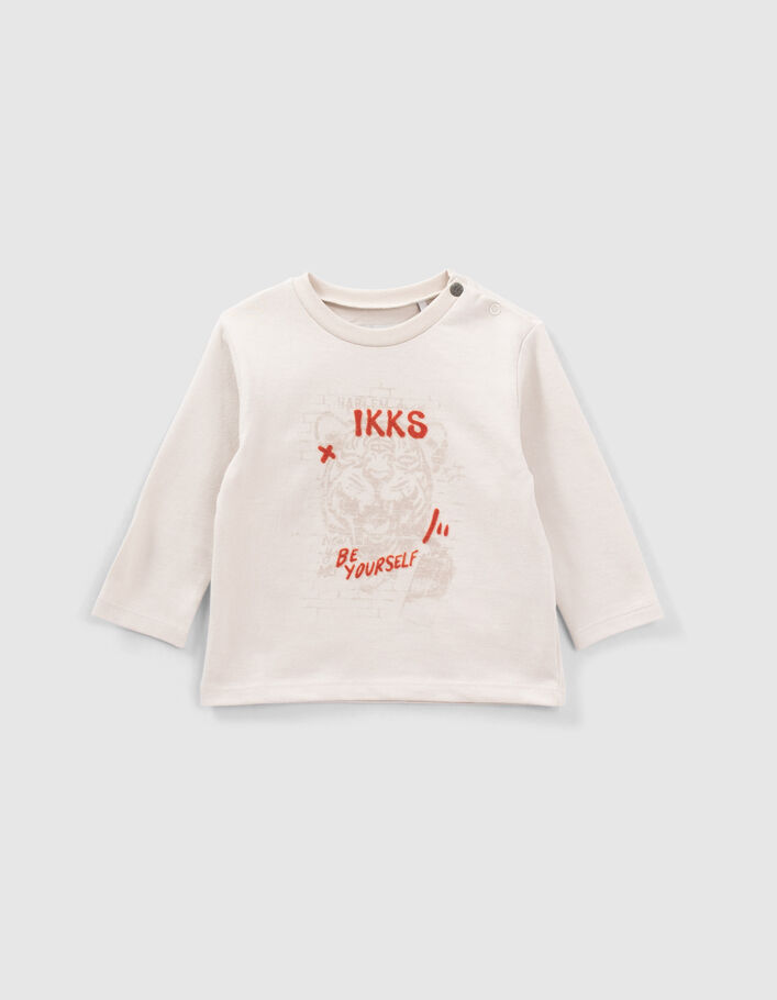 T-shirt beige coton bio visuel tigre et typo floquée bébé garçon
