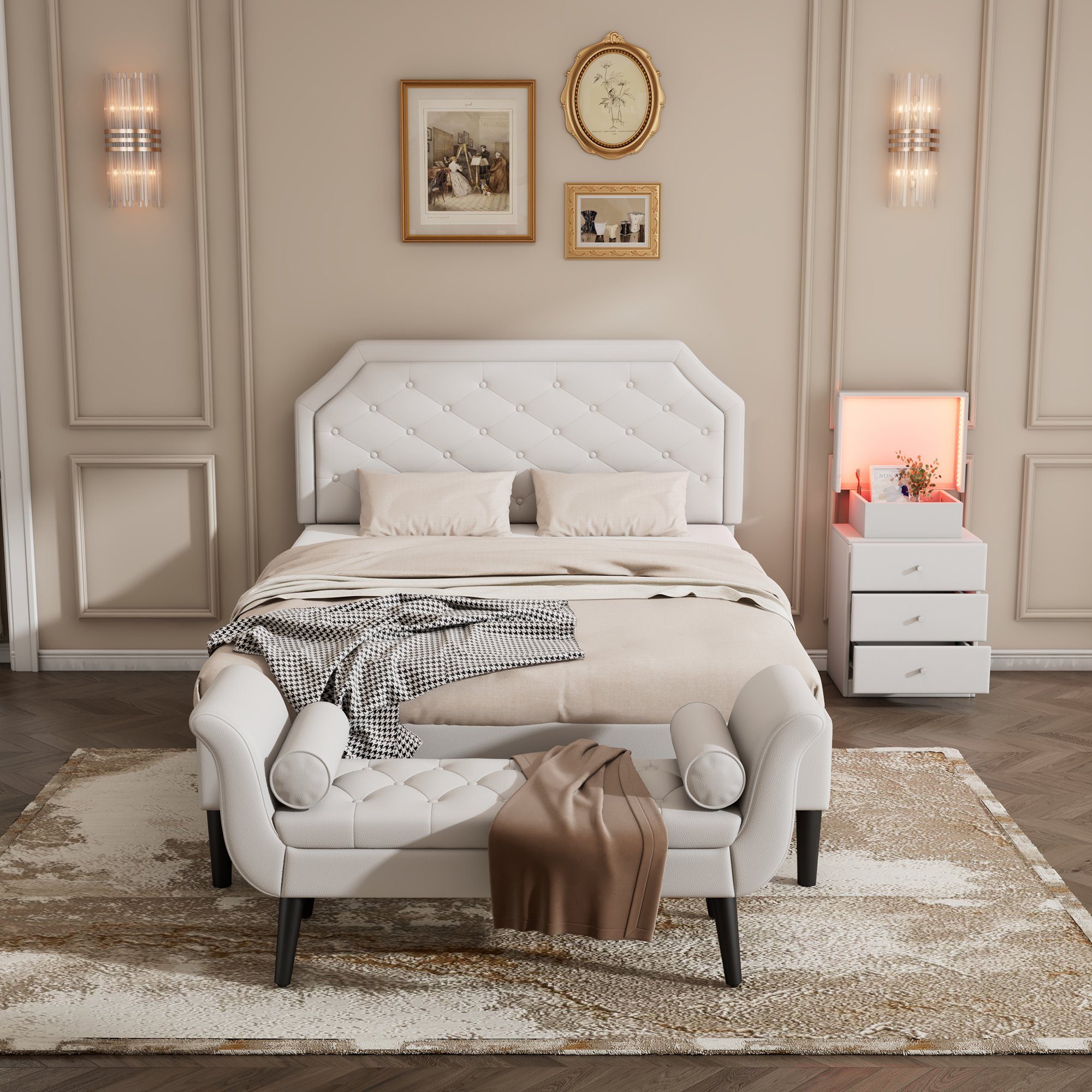 Flieks Schlafzimmer-Set, Polsterbett 140x200cm + LED Nachttisch + Betthocker, Kunstleder