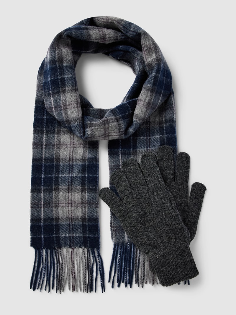 Schal und Handschuhe aus Wolle im Set Modell 'TARTAN' in marineblau