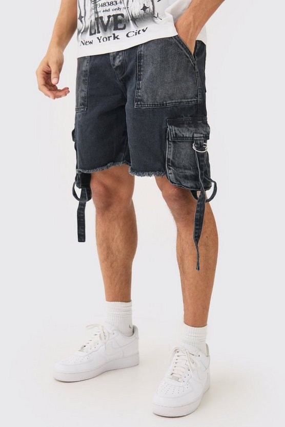 Lockere Jeansshorts mit Cargo-Taschen in Schwarz