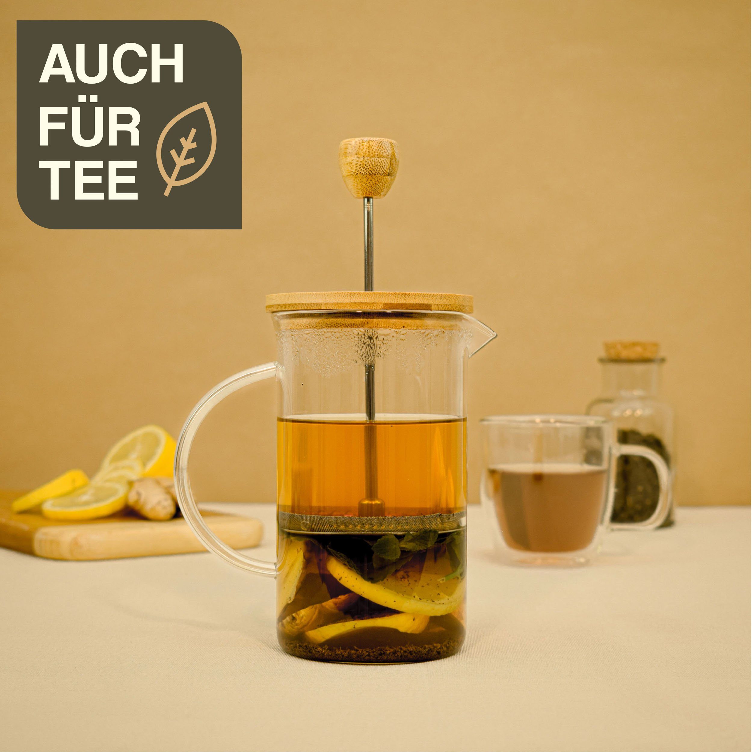 Cosumy French Press Kanne French Press aus Glas 0,6 Liter, 0,6l Kaffeekanne, Kaffeebereiter für 2 Tassen Kaffee - Mit Dosierlöffel und Reinigungspinsel
