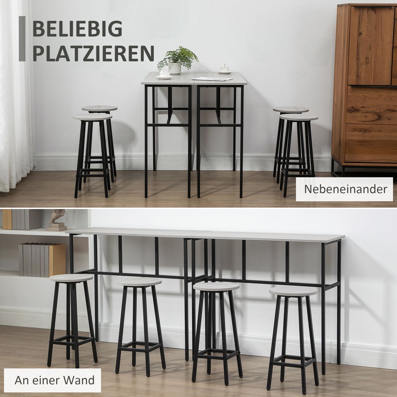 HOMCOM 6-teilig Essgruppe 2 Bartisch mit 4 Stühlen im Industrial Design Grau