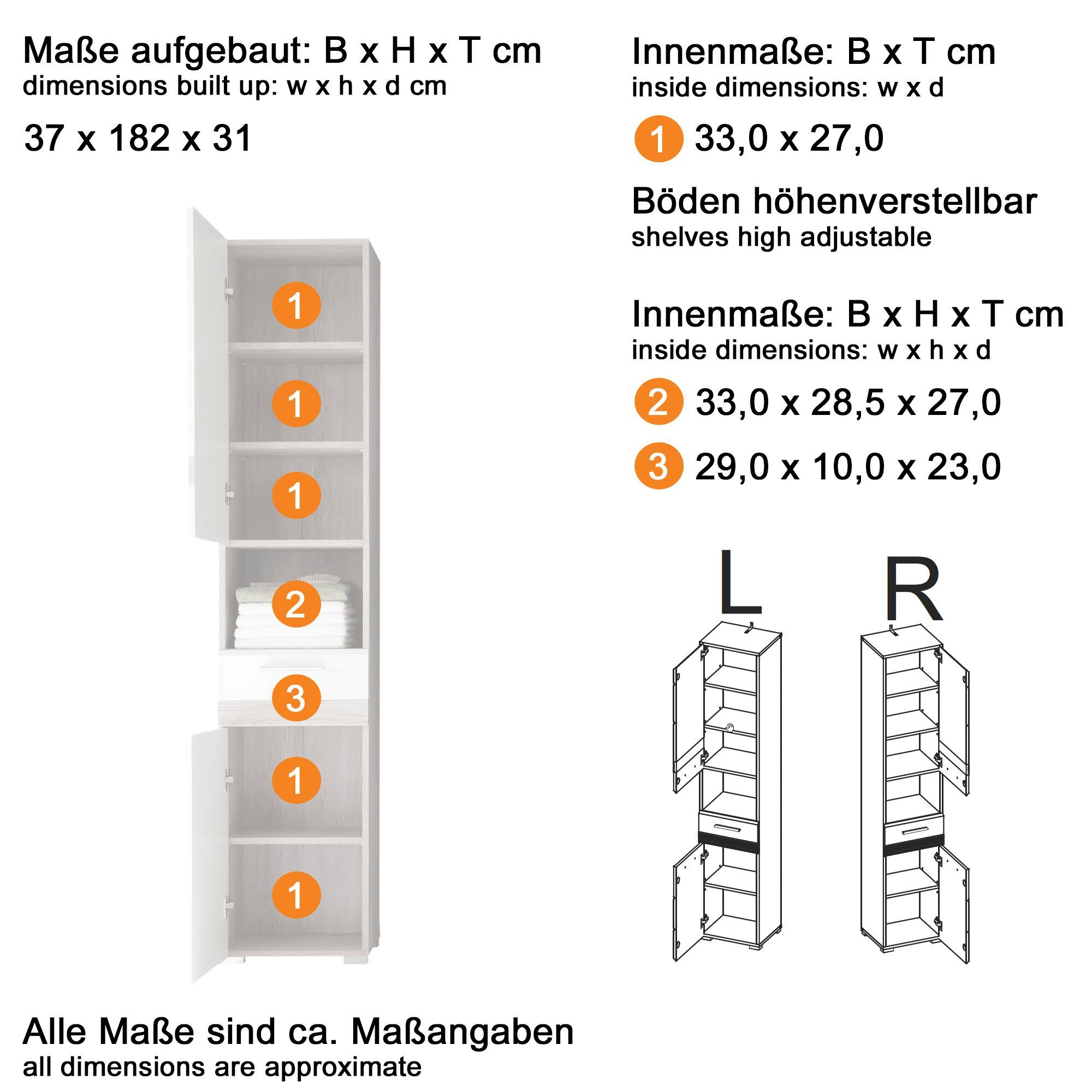 welltime Badmöbel-Set Toulon, (Set, 3-St), Sparset,3-tlg.,B/H/T: ca. 110 / 182 / 34 cm (bei 13 cm Typenabstand)